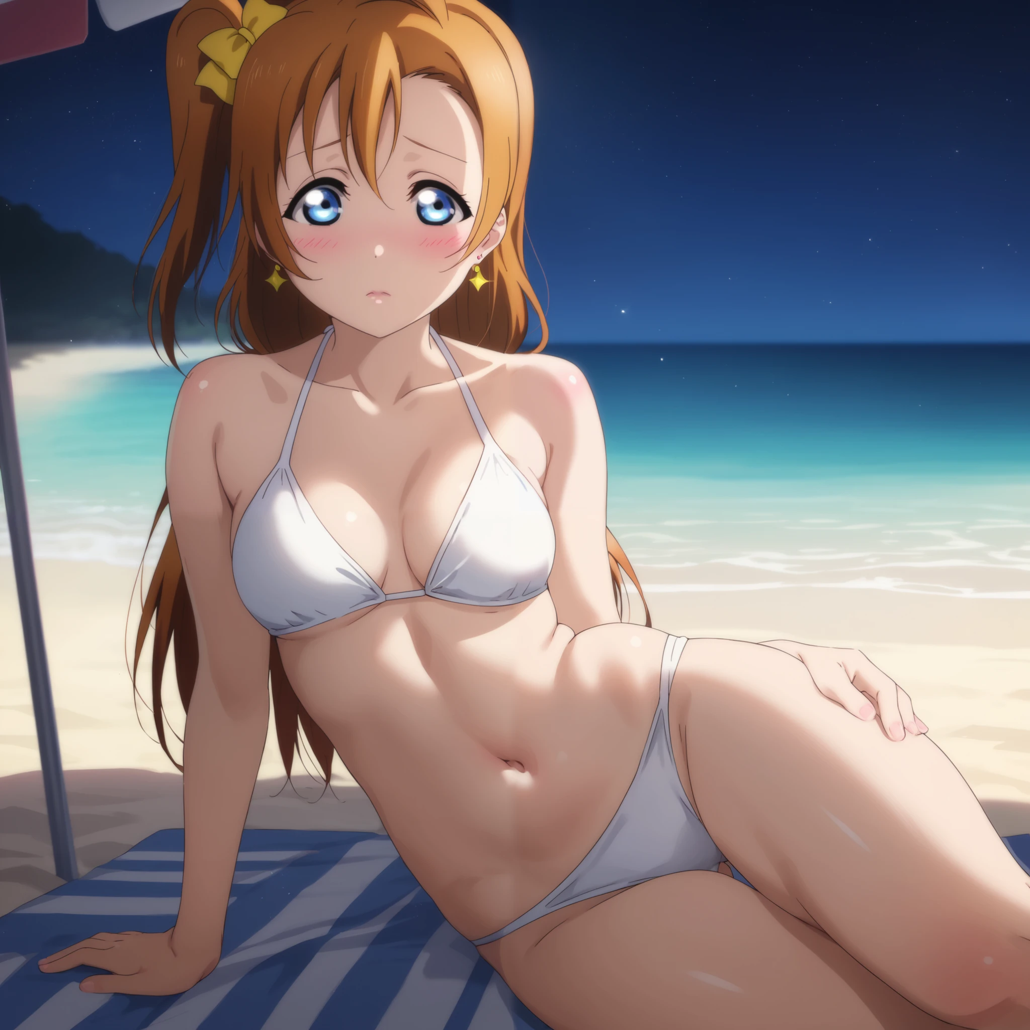 anime style, love live,kousaka honoka , love live, blue eyes, orange hair,earrings, (blushing:1.2), white bikini , ass visible through thighs,beach, night, dynamic lighting, detailed shading,moist skin,shiny skin,crotch visible,1girl, dynamic angel of view,hip lines, on side,semi sitting,shy, lipgloss