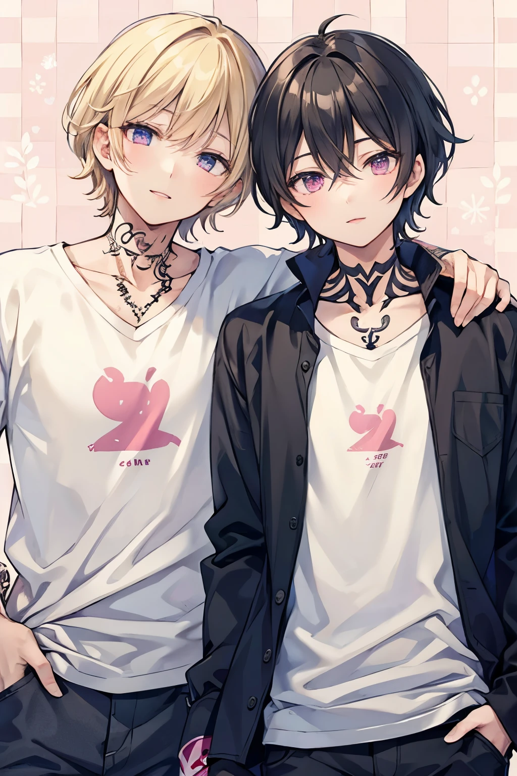 Blonde,  black hair,  for men,  medium hair with visible tattoos ,blue eyes , pink eyes,Beautiful Boy, skinny,lips,2 boys, , Yaoi, Checkered background, happy expression ,おはよう☀️, sleeping hair,