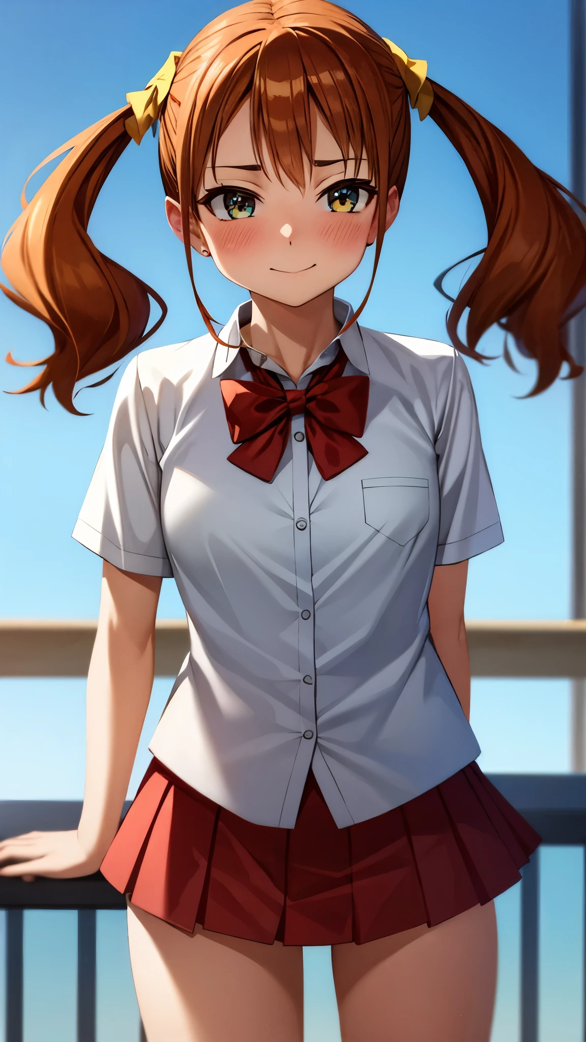 ( Super high quality, super high definition,16k,super masterpiece,Ultra HD ,Detailed shading and background,)Sexy high school girl,Orange hair with twin tails,Yellow hair clip,White shirt extended to the 3rd button, red bow tie, red mini skirt , pink scrunchies,smile,blush,blue sky and sun visible background ,