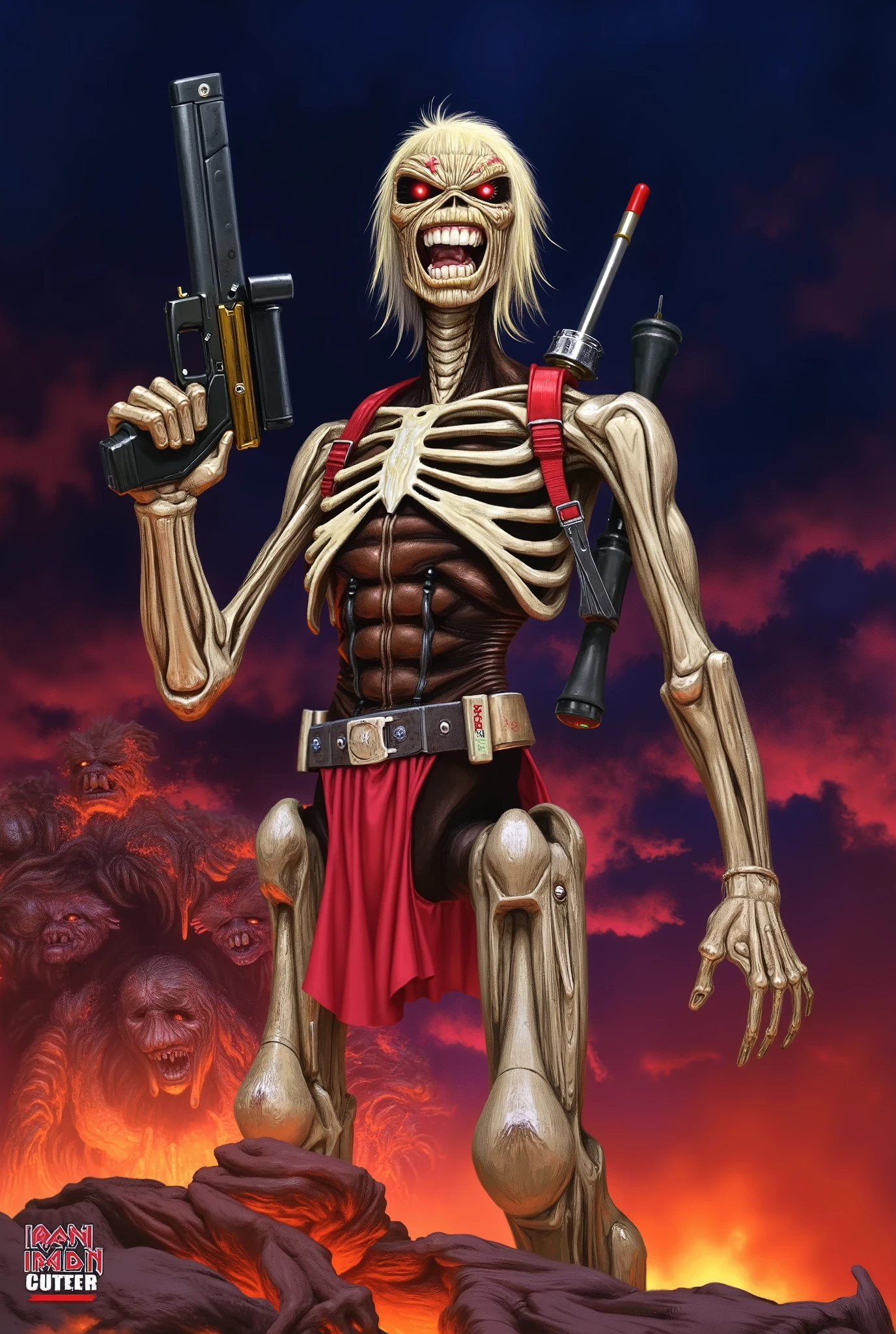 a painting of Eddie from Iron Maiden with a gun in his hand, 1 9 8 0's heavy metal album art, 1980s metal artwork, 8 0 s sci - fi comic art, cyberpunk skeleton, cybernetic body parts, cybernetic body, cyber skeleton, muscular! cyberpunk, 1 9 8 0 s retro sci - fi art, 8 0 s art