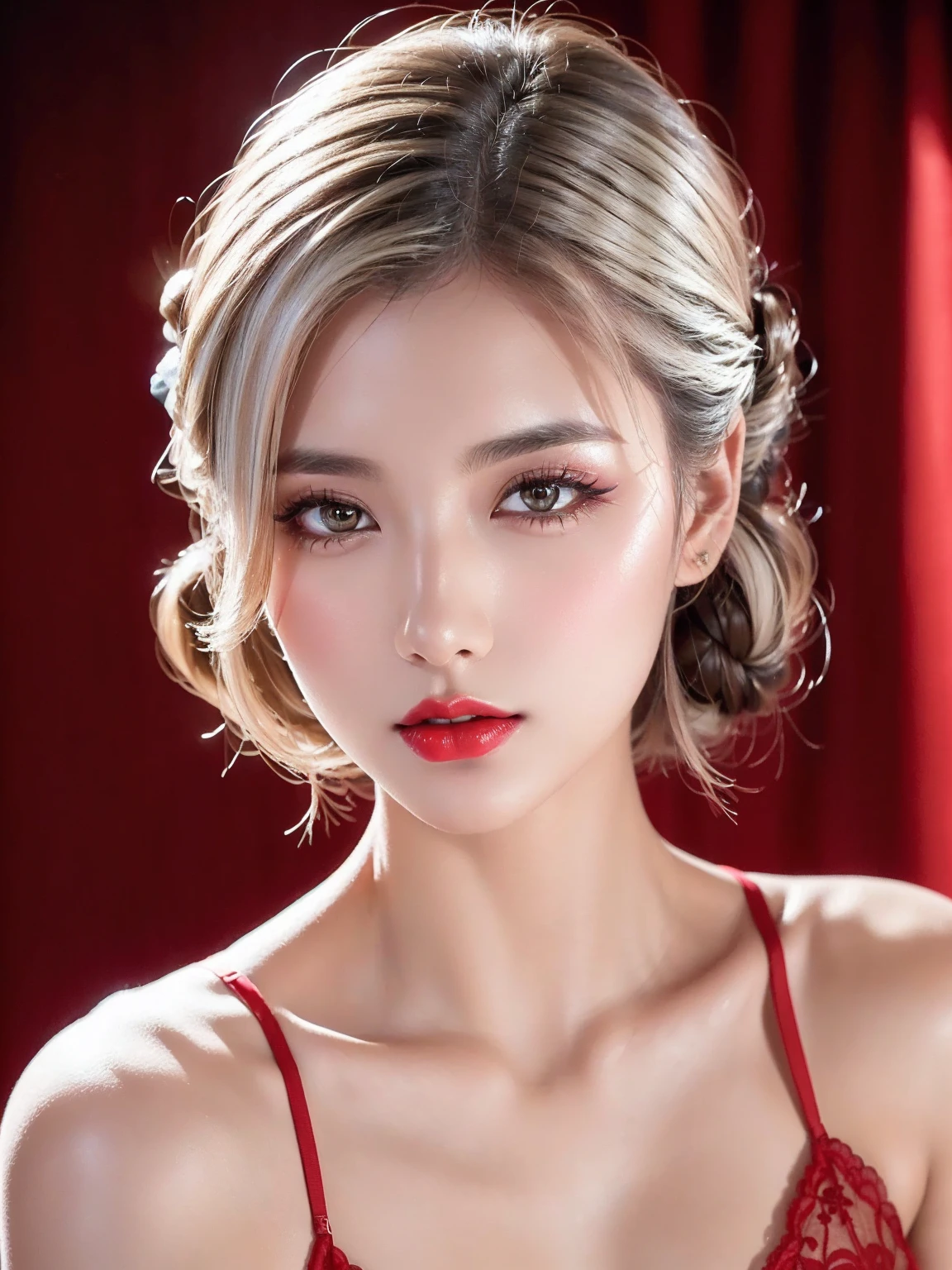 (Facial portrait:1.2), A woman (Amber Heard), Red Dress, Blonde,