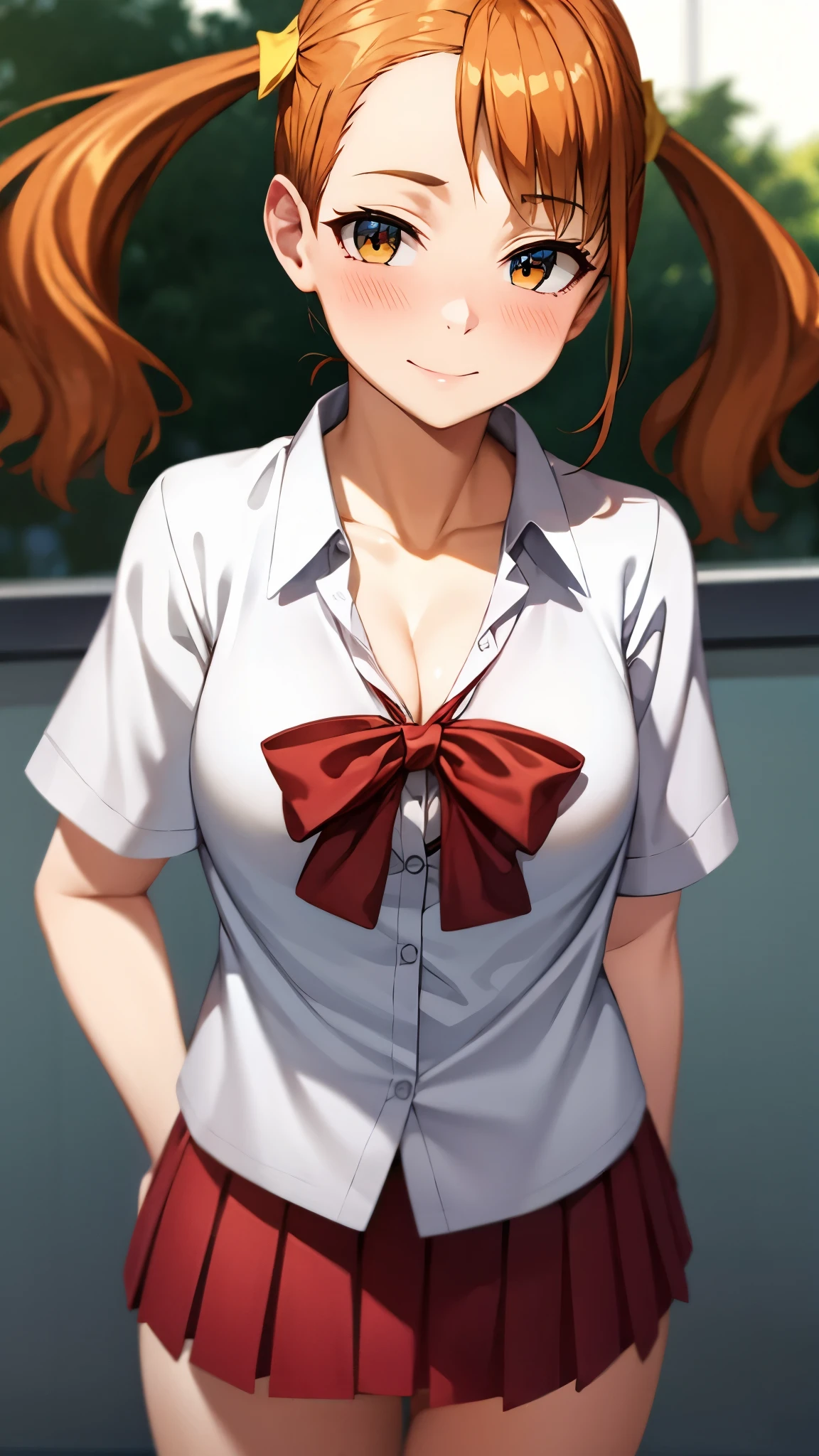 ( Super high quality, super high definition,16k,super masterpiece,Ultra HD ,Detailed shading and background,)Shooting from directly below,Sexy high school girl,Orange hair with twin tails,Yellow hair clip,White shirt extended to the 3rd button, cleavage in years, red bow tie, red mini skirt , pink scrunchies,smile,blush,blue sky and sun visible background ,