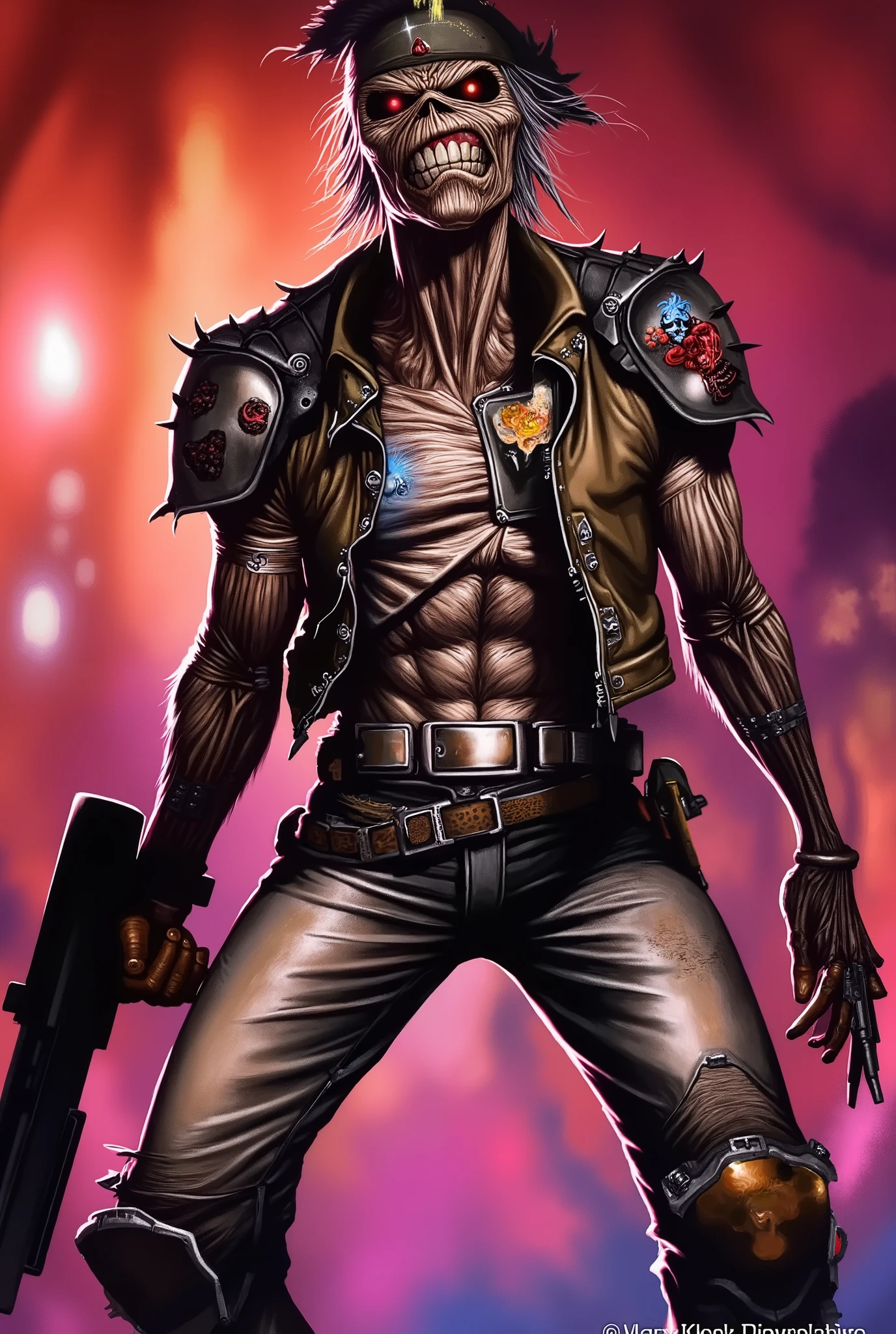 a painting of Eddie from Iron Maiden with a gun in his hand, 1 9 8 0's heavy metal album art, 1980s metal artwork, 8 0 s sci - fi comic art, cyberpunk skeleton, cybernetic body parts, cybernetic body, cyber skeleton, muscular! cyberpunk, 1 9 8 0 s retro sci - fi art, 8 0 s art