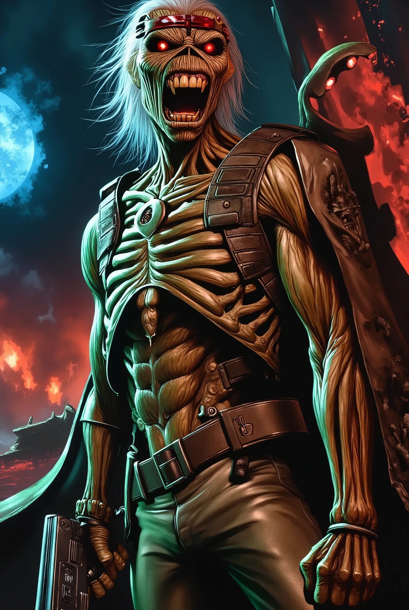 a painting of Eddie from Iron Maiden with a gun in his hand, 1 9 8 0's heavy metal album art, 1980s metal artwork, 8 0 s sci - fi comic art, cyberpunk skeleton, cybernetic body parts, cybernetic body, cyber skeleton, muscular! cyberpunk, 1 9 8 0 s retro sci - fi art, 8 0 s art