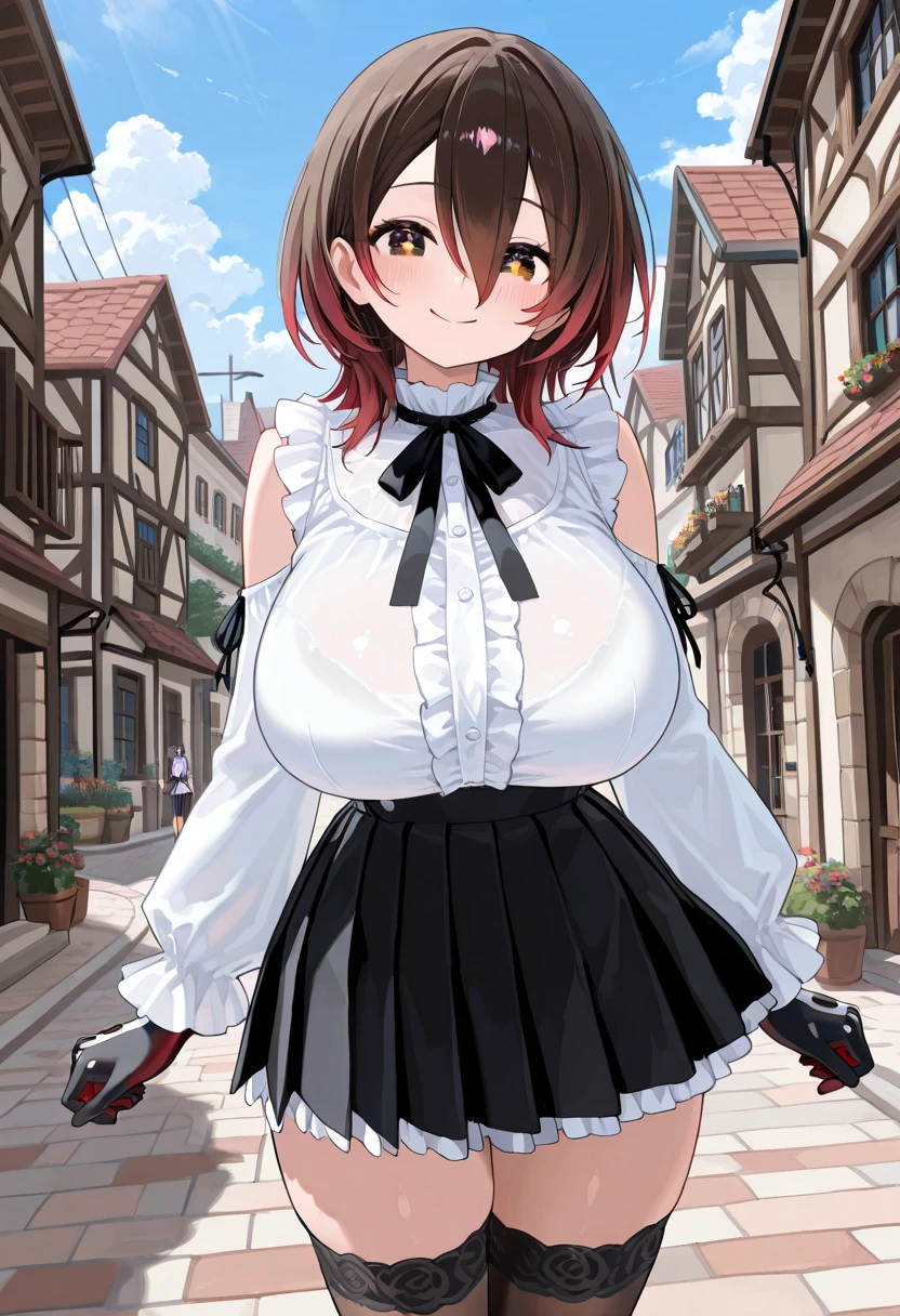 Girl、Modern City、Urban area、Maid clothes、Maid headdress、topless、chest、Nipples、blush one's cheeks、Embarrassed、Short skirt、Pussy、pussy juice、skirt lift、nsfw、A large crowd