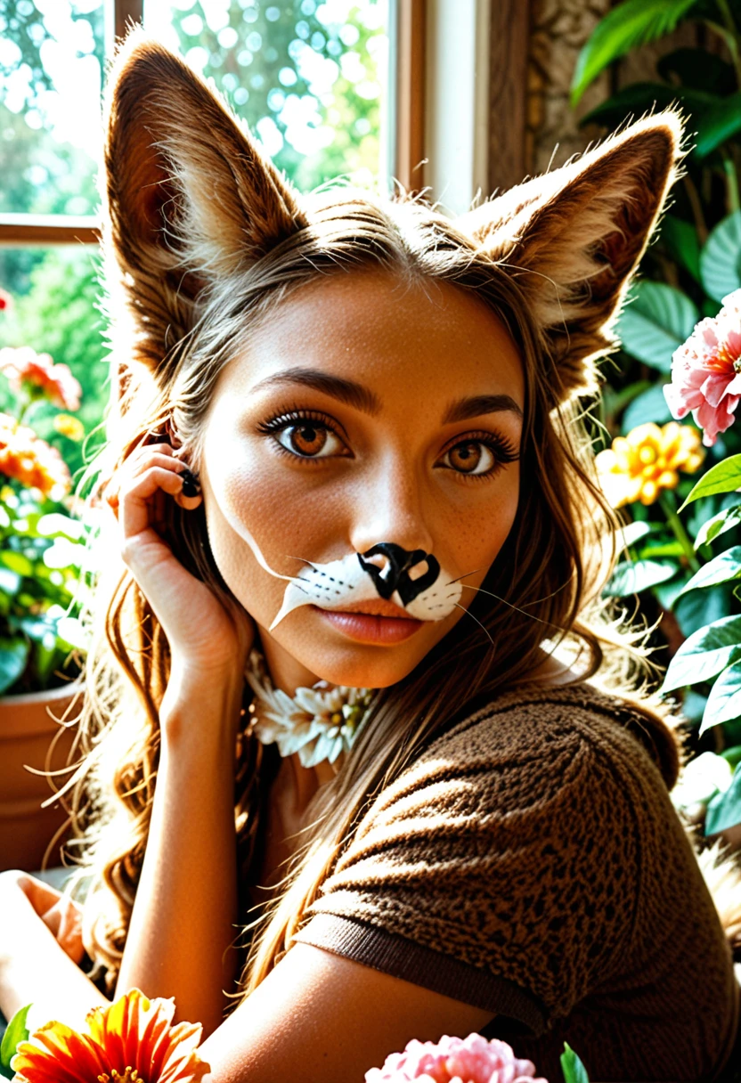 1girl, naked, animal ears, purple eyes, yellow hair, wings, solo, long hair, blush, cat ears, flowers, looking at viewer, braids, bows, dresses, pink flowers, bows, hair accessories, bangs, cats, hair flower, animal ear hair, holding, virtual youtuber, blue bow, holding animal, catwoman, stuffed toy