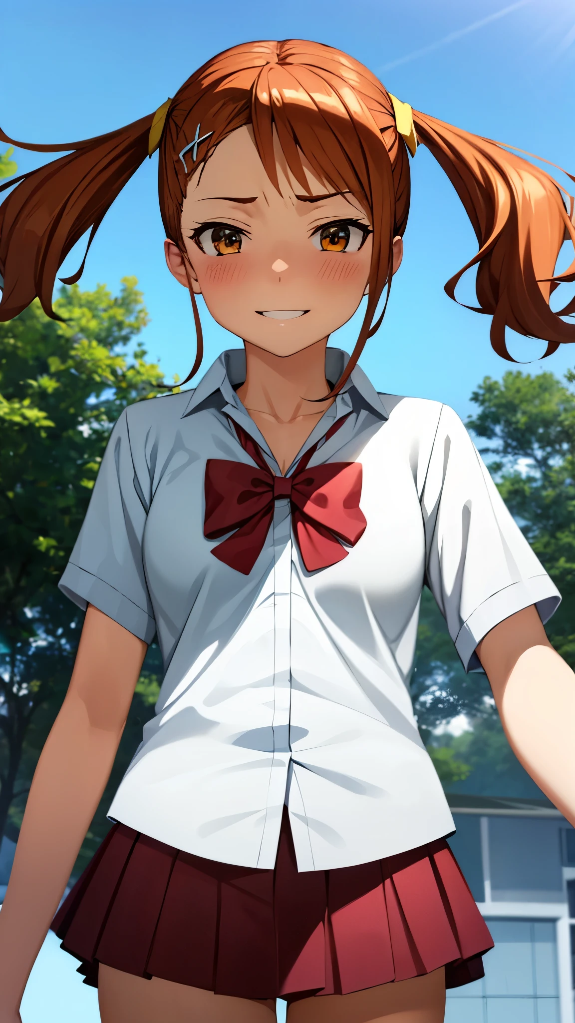 （ Super high quality, super high definition,16k,super masterpiece,Ultra HD ,Detailed shading and background,）Shooting from directly below,Sexy high school girl,Orange hair with twin tails,Yellow hair clip,White shirt extended to the second button, red bow tie, red mini skirt , pink scrunchies,smile,blush,blue sky and sun visible background ,