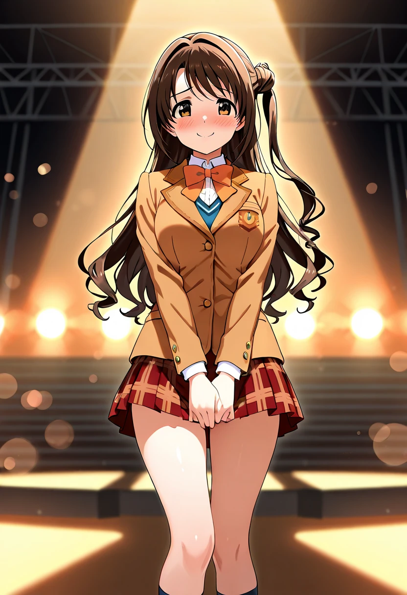 1girl, solo, :o, sunlight, masterpiece, best quality, (white pupil:1.2), eyelashes, (cute, little girl:1.1), highres, 1girl, solo, pantyhose, long hair, pantyhose,  hairclip, rabbit hair ornament, brown jacket, white shirt, red necktie, sweater vest, blue skirt, black pantyhose, loafers, haruka_nogizaka,17 year old girl, long hair, brown_hair, long legs, breasts,, bangs, large breasts, embarrassed, standing, (panties under pantyhose:1), nightclub, <lora:haruka2:0.6>,smile,