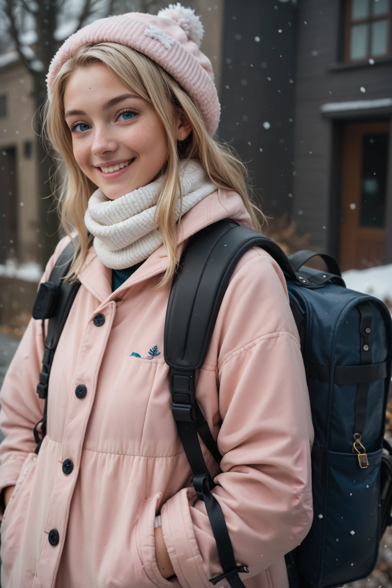 (masterpiece, best quality:1.0), highly detailed,  detail, realistic, 1girl , blonde hair, blue eyes, winter coats, winter headcaps, white scarf, pink coats, outdoor,  smile,  standing, outdoor, cowboy shot, carries backpack 
