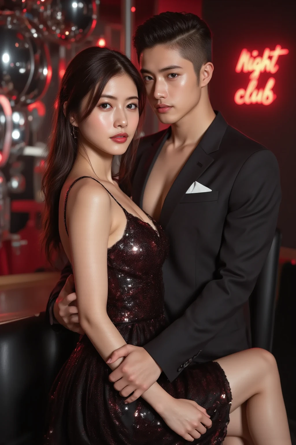 Highest quality、masterpiece、Three male and female friends、The woman is wearing a see-through beige lace tight bodysuit and collar.、(Men in business suits)、Three people hugging each other in the pool、Hair tied up、Waterlogged、Wearing earrings、((Dim pool at night))、((laughing))、((Closely attached))