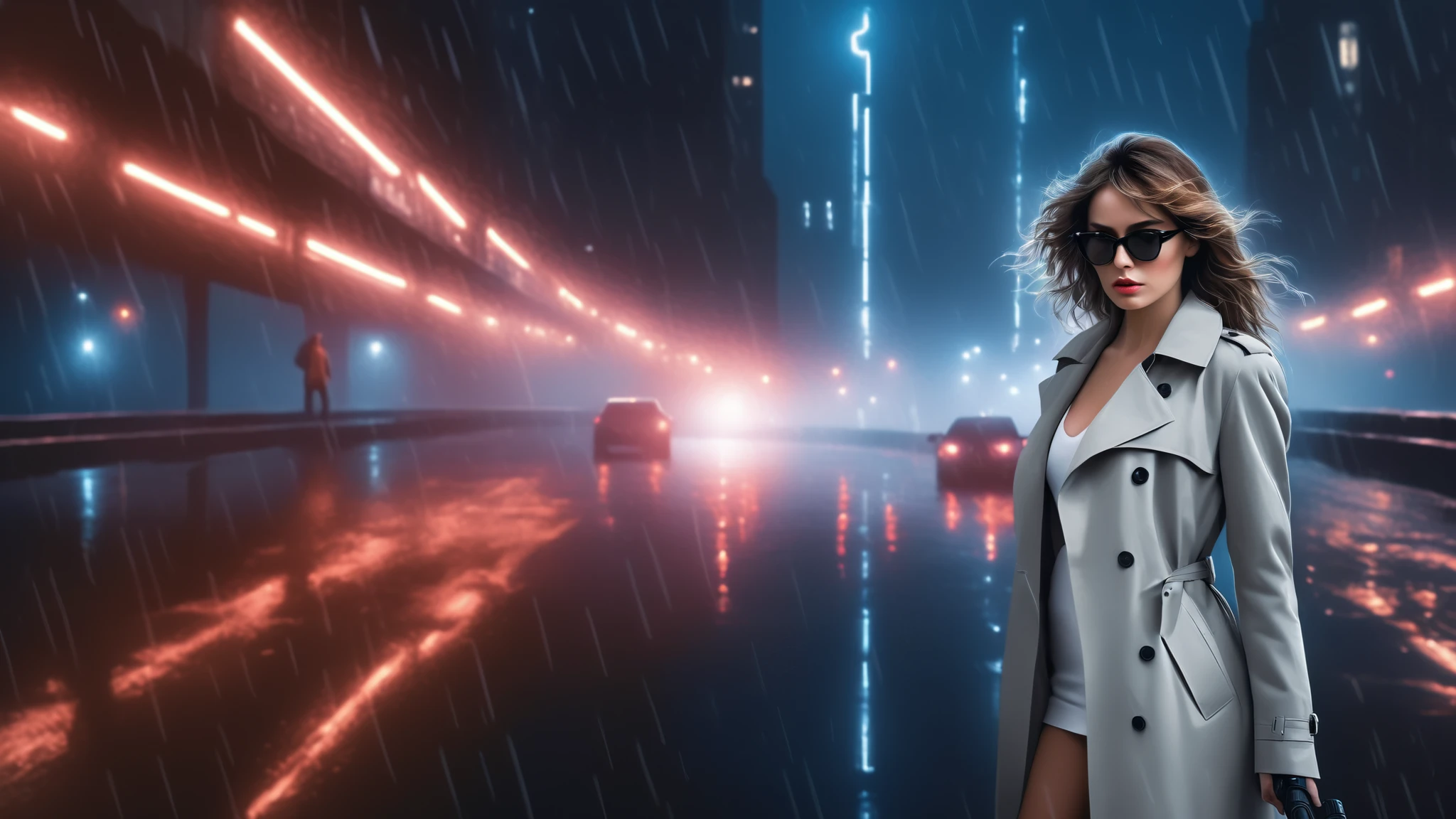 (Hyper-realistic photograph:1.4), Captivating scene under the rain at night on a rooftop, a sexy slim woman, large breast cleavage, with short brown hair, three-quarters view, Black trench coat, (black sunglasses, holding a short gun), with a dark rainy city landscape in background, blue eyes, photography style, (half-body shot:1.3), (contemplative expression:1.2),(well-lit:1.2) Extremely Realistic, serendipity art, (sharp focus:1.3), intricate details, highly detailed, by God himself, original shot, masterpiece, detailed and intricate, Movie Still, guttojugg1