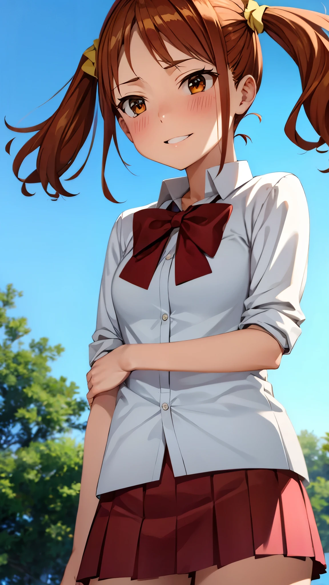 ( Super high quality, super high definition,16k,super masterpiece,Ultra HD ,Detailed shading and background,)Shooting from directly below,Sexy high school girl,Orange hair with twin tails,Yellow hair clip,White shirt extended to the second button, red bow tie, red mini skirt , pink scrunchies,smile,blush,blue sky and sun visible background ,