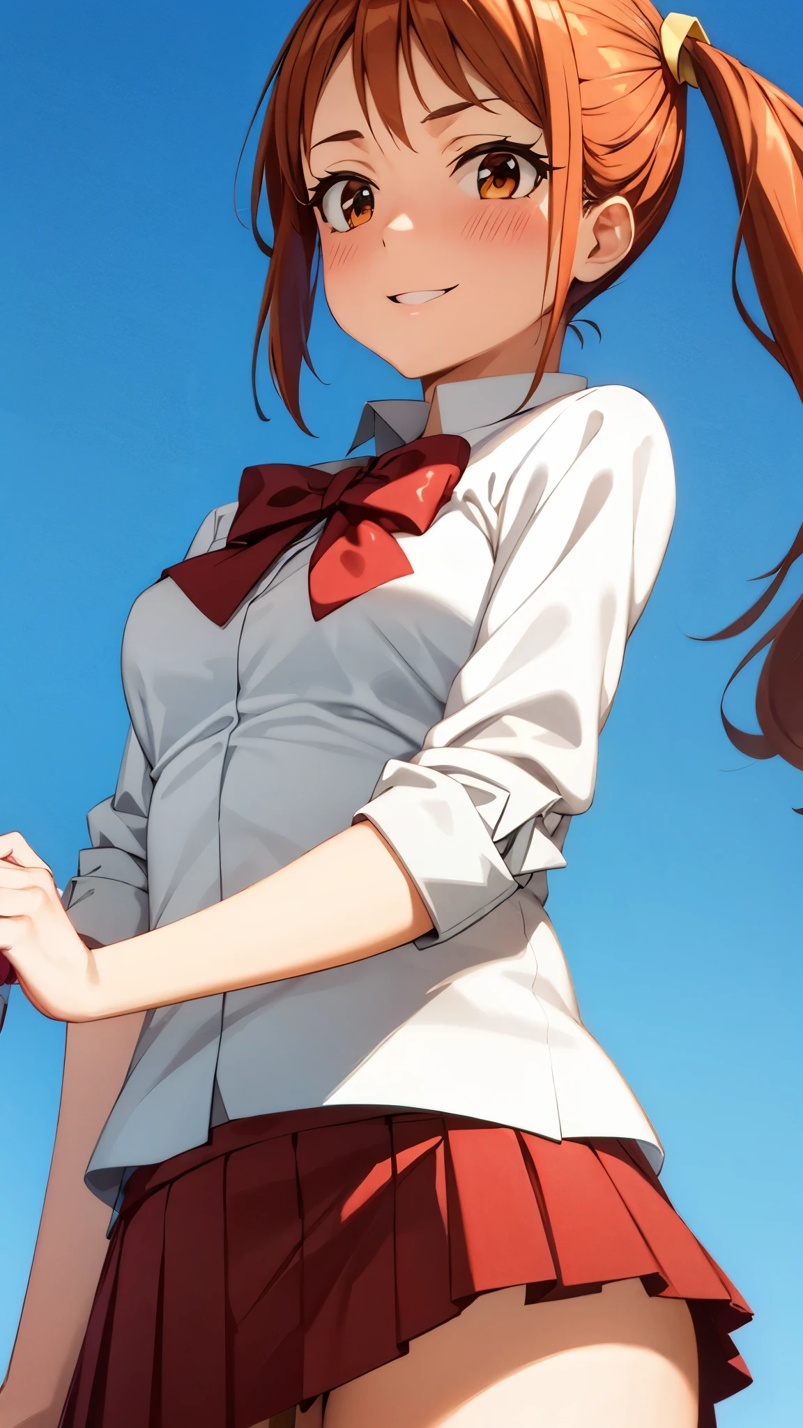 ( Super high quality, super high definition,16k,super masterpiece,Ultra HD ,Detailed shading and background,)Shooting from directly below,Sexy high school girl,Orange hair with twin tails,Yellow hair clip,white shirt with folded sleeves, red bow tie, red mini skirt , pink scrunchies,smile,blush,blue sky and sun visible background ,