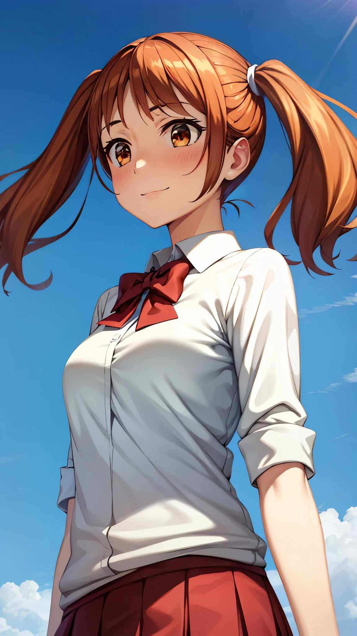 ( Super high quality, super high definition,16k,super masterpiece,Ultra HD ,Detailed shading and background,)Shooting from directly below,Sexy high school girl,Orange hair with twin tails,Yellow hair clip,white shirt with folded sleeves, red bow tie, red mini skirt , pink scrunchies,smile,blush,blue sky and sun visible background ,