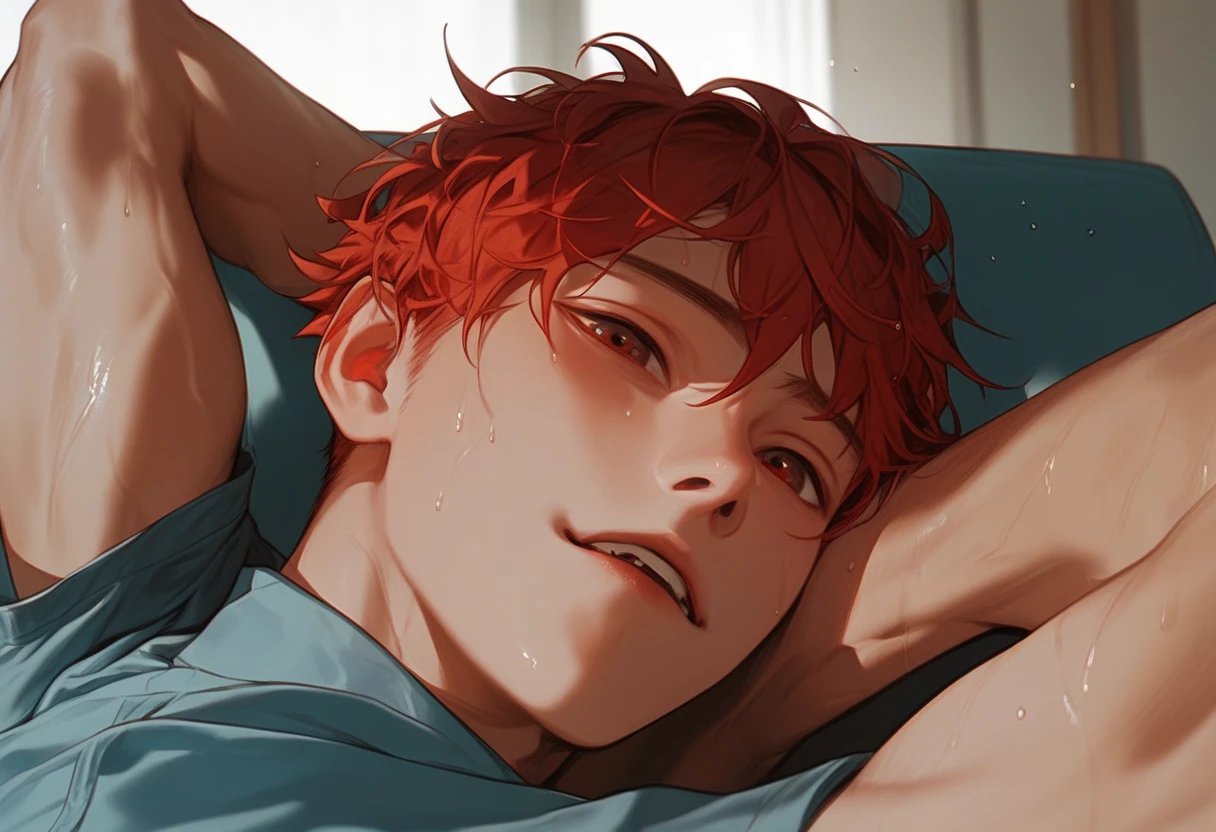 A male，  red hair，In the classroom， sit-up position on a chair sofa，Head perspective ，look up， Korean comic style ， young and energetic， Good condition ， lying on the bed，Very handsome脸，muscle， Wet Hairstyle  ， Sweating， charming eyes  ， Very handsome