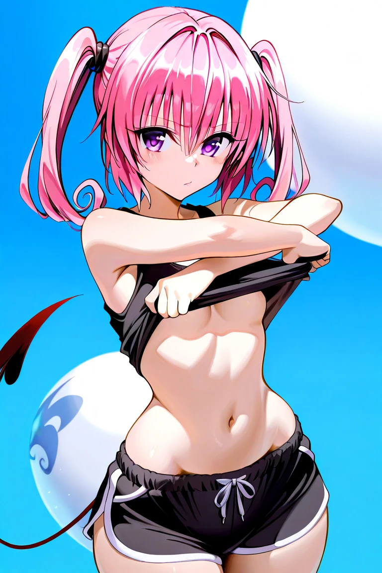 （naked girl）、masterpiece、highest quality、Accurate、and soul、child of the devil、Eimei、美しく詳細なblue eyes、(((pink hair)))、both sides、tales proud doubles, (((She is wearing super short panties that only cover her breasts.、True to the original、((barefoot)), muscular belly, ((Beautiful muscular legs)),  (smile), On the beach under the scorching sun, bare chest, hands behind head（（（detailed eyes、blue eyes）））、spread your legs、twin tails