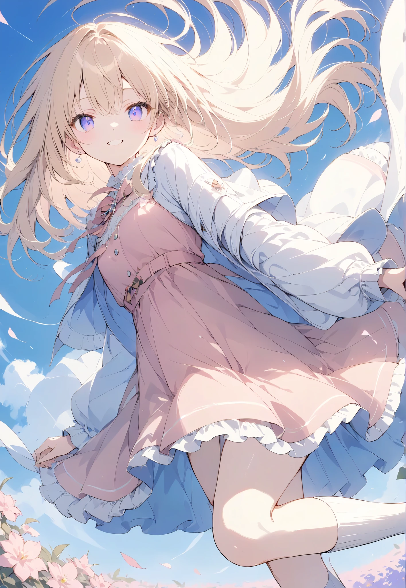 Masterpiece,   High Quality  ,   high resolution, 16k,    Makoto Shinkai's illustrations  ,  detailed background , High sensitivity、depth、 One  girl、 Flashy Blonde  ,   long hair,   earrings,  white skin、  long eyelashes ,   beautiful eyes,  smile,  small breasts,  pink dress、  Knee High Socks  ,  whole body,   side angles, Flower Field、 wind