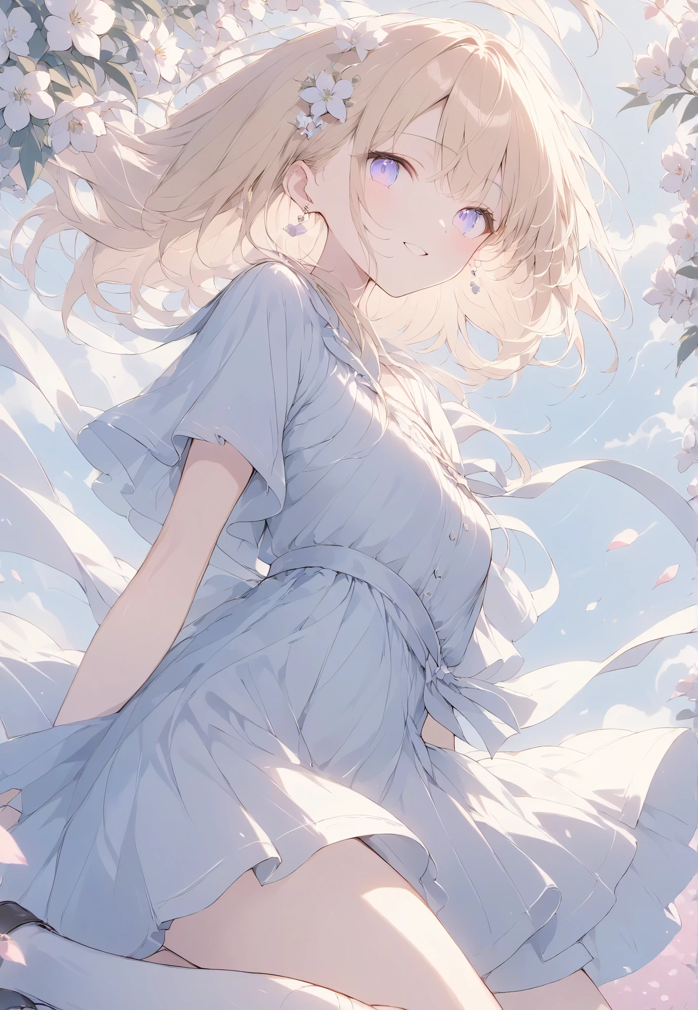 Masterpiece, High Quality , high resolution, 16k, Makoto Shinkai's illustrations , detailed background , High sensitivity、depth、 One girl、 Flashy Blonde , long hair, earrings, white skin、 long eyelashes , beautiful eyes, smile, small breasts, pink dress、 Knee High Socks , whole body, side angles, Flower Field、 wind