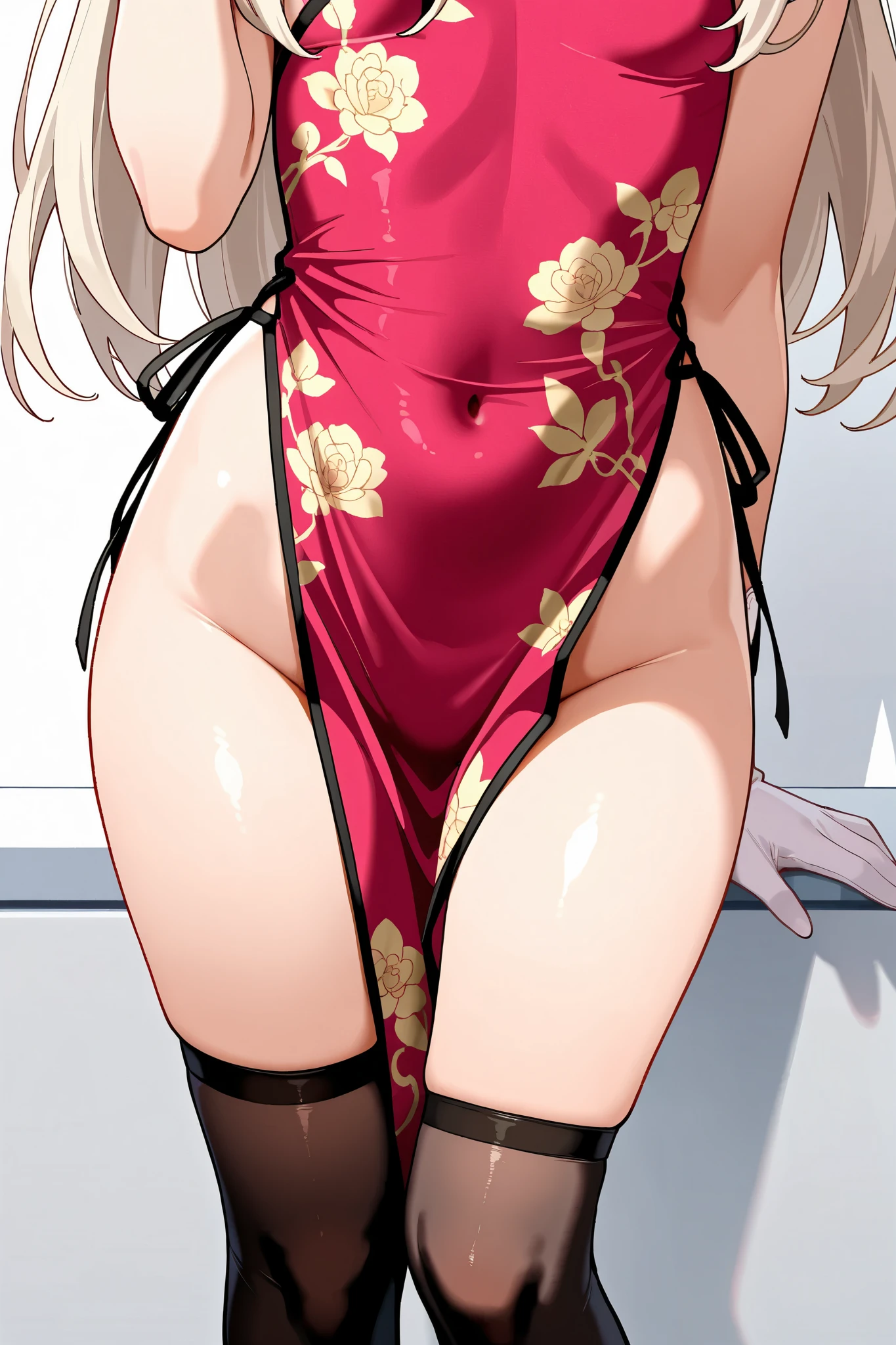 (masterpiece, best quality:1.2), solo,(1 female,wearing nude cheongsam),sweating skin,shiny skin,(Open pose:1.7),(Dark skin),(lying on a lux bed:1.7),(Her hands behind her head:1.7)