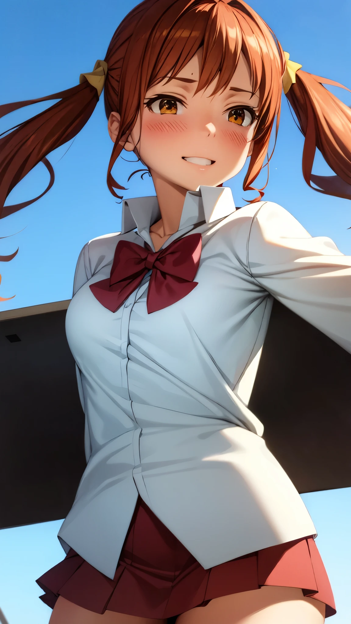 ( Super high quality, super high definition,16k,super masterpiece,Ultra HD ,Detailed shading and background,)Shooting from directly below,Sexy high school girl,Orange hair with twin tails,Yellow hair clip,white shirt with folded sleeves, red bow tie, red mini skirt , pink scrunchies,smile,blush,blue sky and sun visible background ,