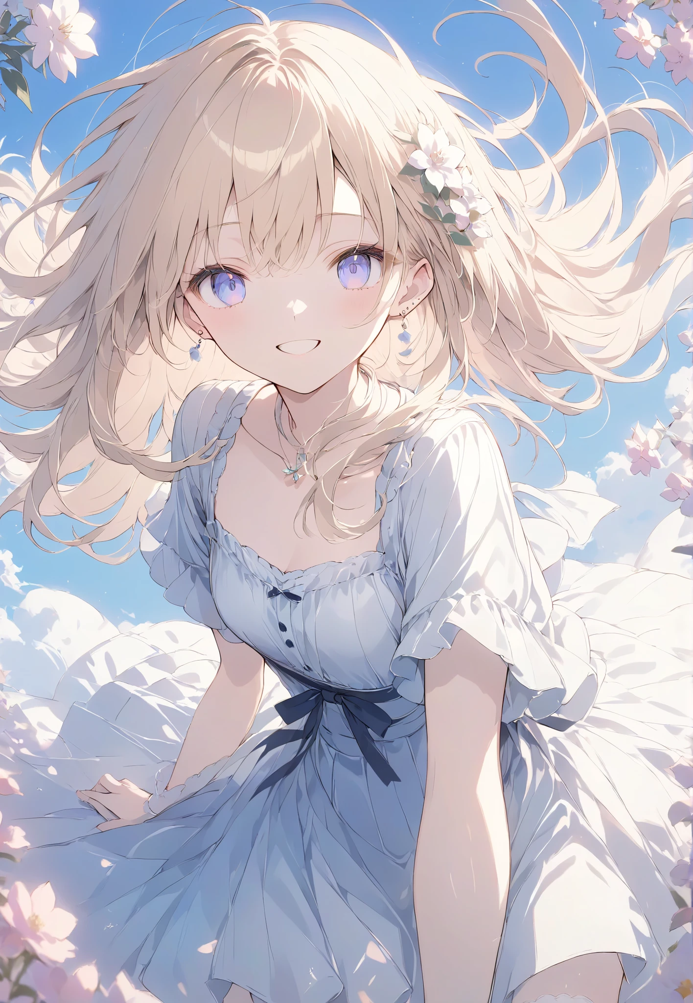 Masterpiece, High Quality , high resolution, 16k, Makoto Shinkai's illustrations , detailed background , High sensitivity、depth、 One girl、 Flashy Blonde , long hair, earrings, white skin、 long eyelashes , beautiful eyes, smile, small breasts, pink dress、 Knee High Socks , whole body, cinematic angles , Flower Field、 wind、 cinematic angles