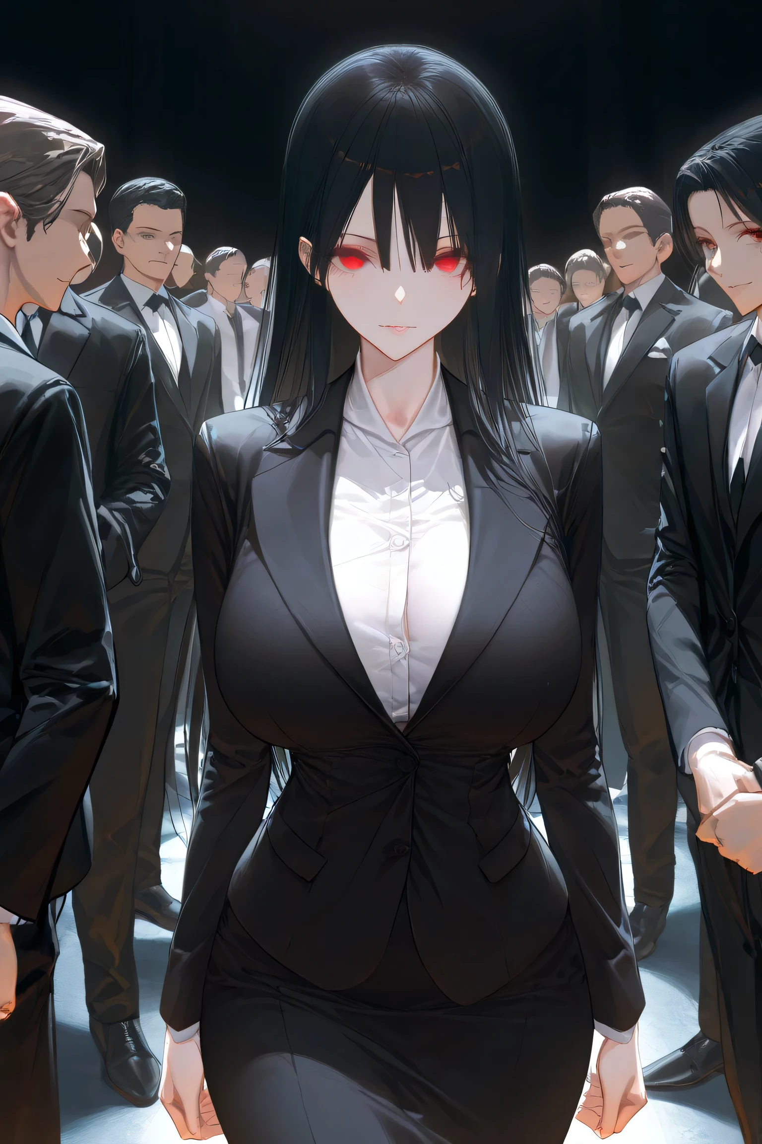 (masterpiece, high resolution, 2k resolution, best quality), (solo, 1girl, perfect anatomy, perfect face), ((black hair), long hair, straight hair), (red eyes, perfect eyes), black business suit, white shirt, formal wear, narrow shoulder, slim body, massive chest, mature woman, (Anatomically perfect eyes), (looking at viewer), (big breast), (D-cup breast), (artist:wanke), sophisticated atmosphere, professional look, perfect body proportions, refined facial features, sharp jawline, mature beauty, confident stance, modern interior, group boss, people who followed her, (a dark background), a sophisticated dark lobby, full body shot, high quality
