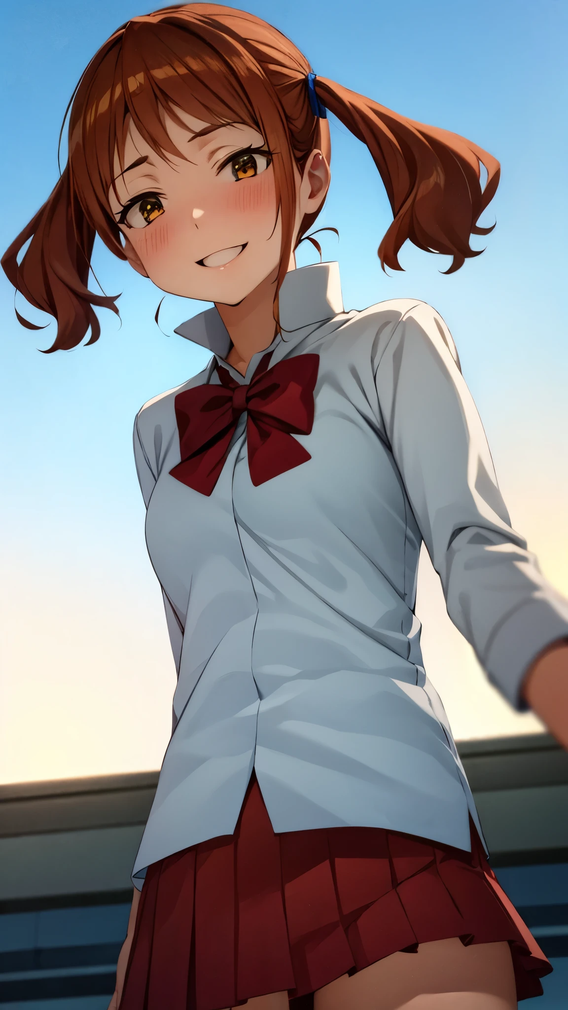 ( Super high quality, super high definition,16k,super masterpiece,Ultra HD ,Detailed shading and background,) shot from below ,Sexy high school girl,Orange hair with twin tails,Yellow hair clip,white shirt with folded sleeves, red bow tie, red mini skirt ,smile,blush,blue sky and sun visible background ,
