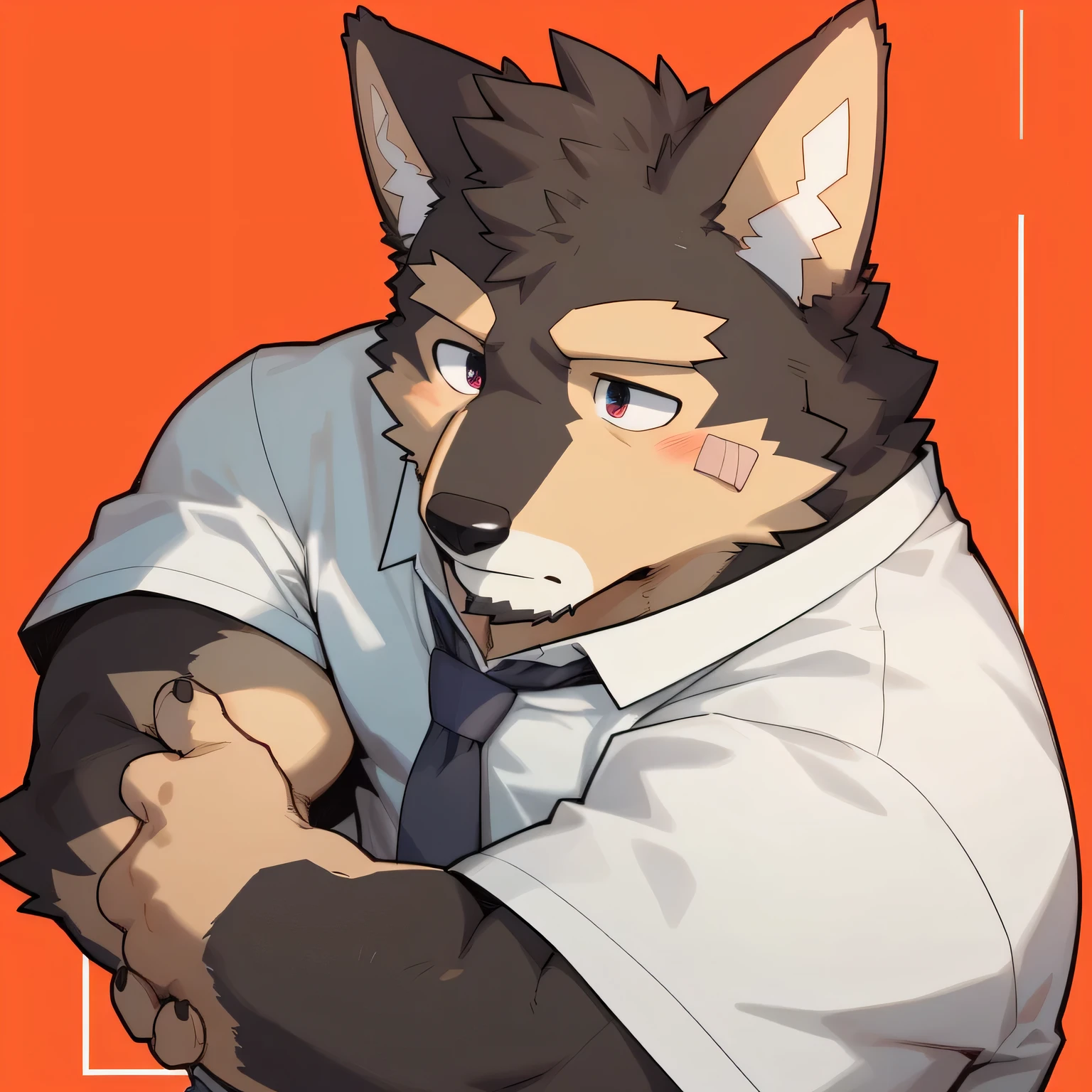 score_9,score_8_up,score_7_up, kemono style, an Anthro furry male wolf, Tall and slender, short brown shaggy hair, brown eyes, one eye closed. One black eye, black thick rim glasses, cracked broken glasses, wearing white button up shirt, black tie, black slacks, ripped shirt, untied messy tie, simple white background, clenched teeth, frowning, lookin like he’s in pain, holding some cash dollars, limping, walking, beaten and bruised