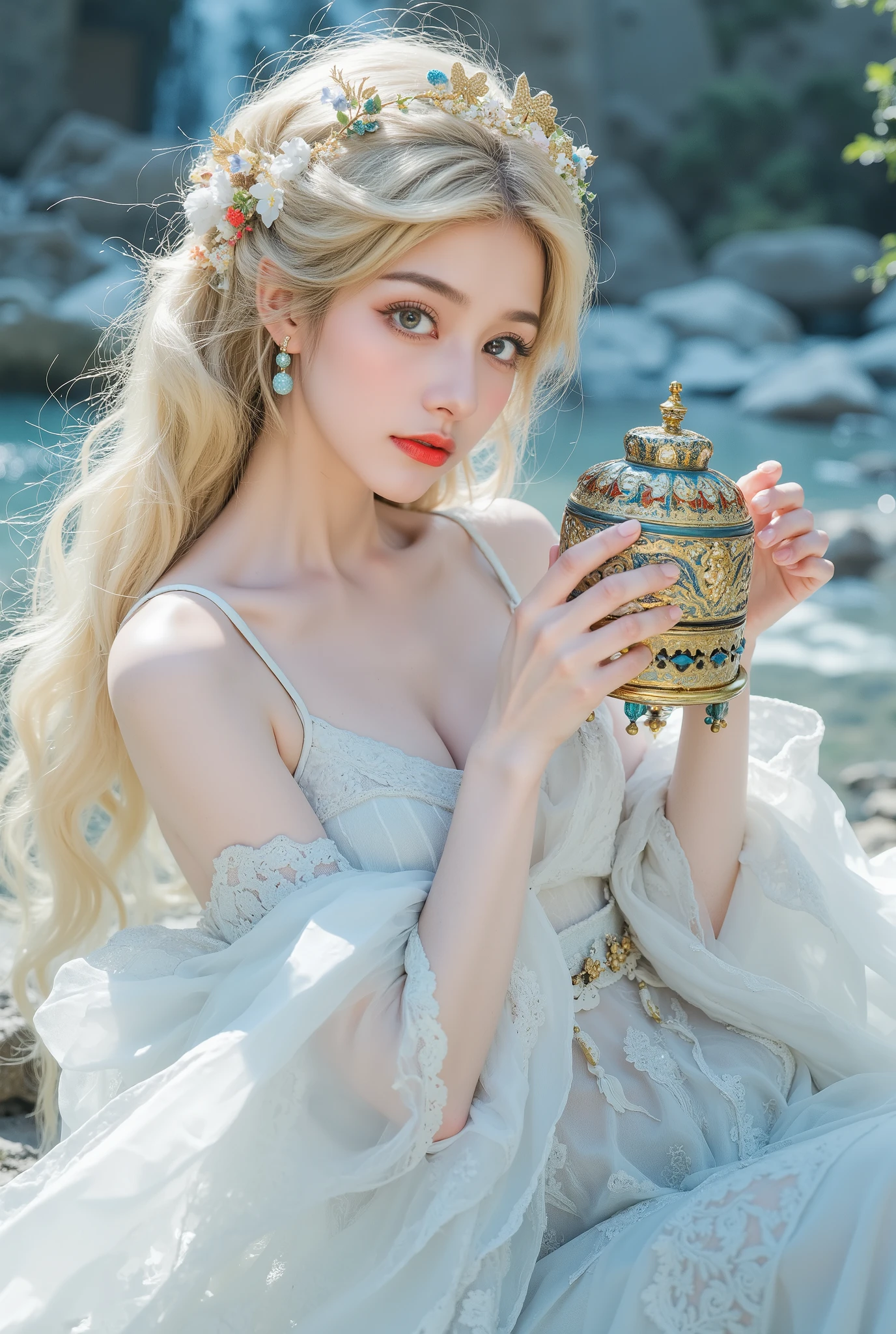  a woman in a white dress holding a music box, artwork in the style of Gu Weiss, Gu Weiss on pixiv artstation, Gu Weiss on artstation pixiv, Gu Weiss,   fantasy art style, Gu Weiss masterpiece,   Beautiful Elegant Queen  ,   Beautiful character painting  ,  Detailed digital anime illustration  , Blonde Princess, White hair,   sky blue eyes  ,   pink lips  