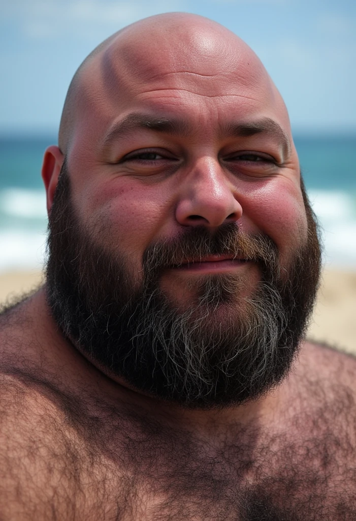 Generate an image of a 40 year old man, A little fat, shaved hair, short beard, chest with fur, in black swim trunks, at beach, with Palmeiras in the background, sunshade.