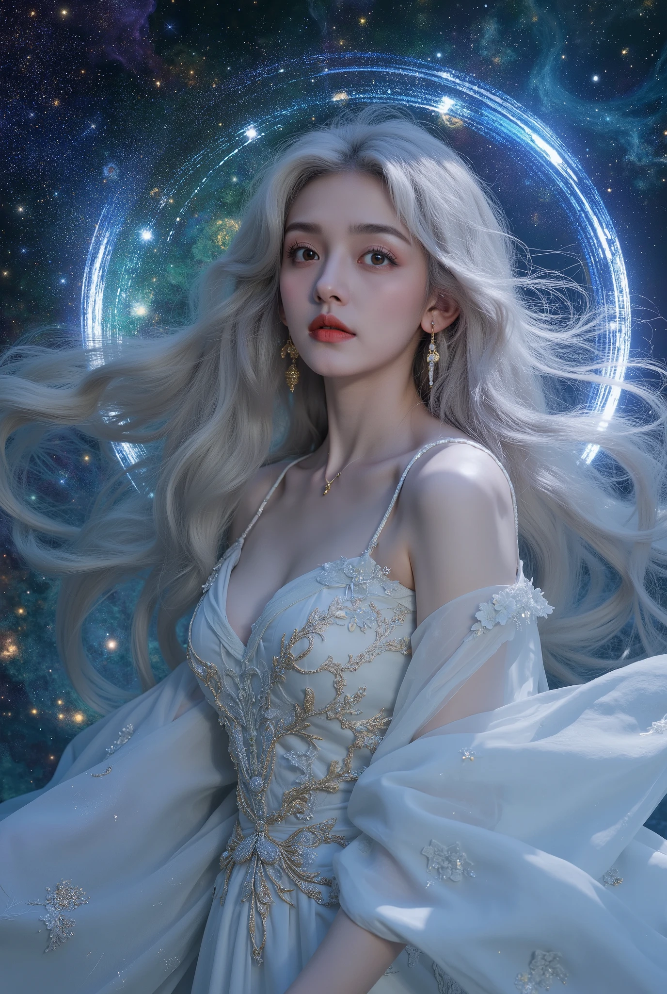 A breathtaking celestial maiden with flowing hair that cascades like a waterfall of light, each strand shimmering with the colors of the cosmos. Her ethereal beauty is highlighted by a soft, luminous glow that radiates from her porcelain-like skin, casting a gentle light on everything around her. Her expressive eyes are deep and mesmerizing, reflecting the stars and galaxies that surround her. She wears elegant robes that ripple and flow as if made from stardust, with intricate patterns woven into the fabric, glowing faintly. The background is a vast expanse of space, filled with vibrant nebulae, swirling galaxies, and twinkling stars, creating a magical atmosphere. Soft lighting and high contrast emphasize the details in her hair, robes, and delicate features. The illustration is a masterpiece of fantasy art, with shimmering effects that add to the sense of wonder and otherworldly beauty, all rendered in high resolution for stunning clarity.
