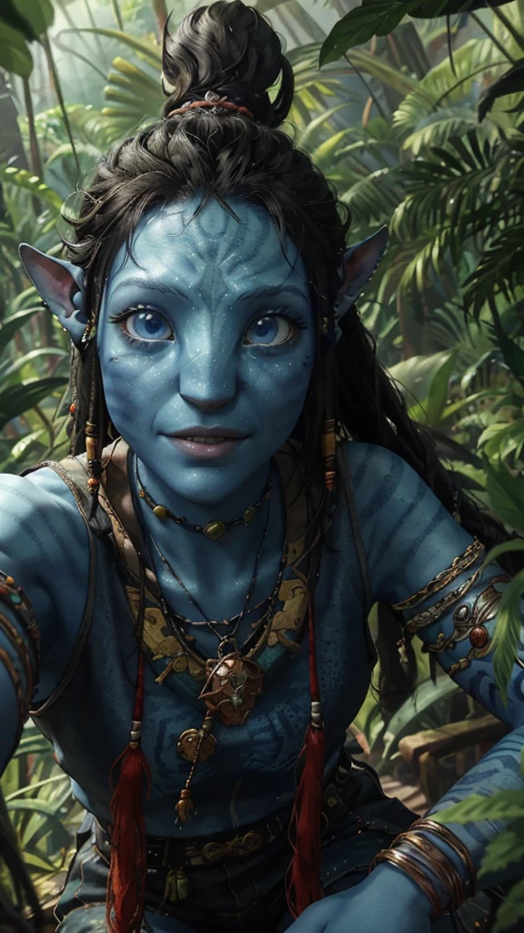 there is a woman taking a selfie in a room, without makeup, 8k selfie photograph, face picture, she is facing the camera, blue eyes and large forehead, selfie of a young woman, looking directly at the camera, she is about 1 , 1 , wide forehead, frontal picture, very very low quality picture, grin face, young, (Masterpiece), ((Blue skin)), (best detail), digital art, (best qualtiy), Cinematic texture, ((Avatar style)), beautiful pupil, The background is jungle, the rainforest, big leafs