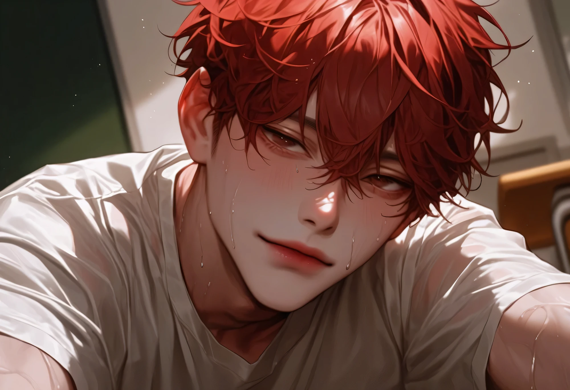 in bad shape，  dark red hair，In the classroom， sit-up position on a chair sofa，Head perspective ，look up， Korean comic style ， young and energetic， Good condition ，Very handsome脸瓜子脸，White T-shirt，  White Skin， Wet Hairstyle  ， Sweating， charming eyes  ， Very handsome