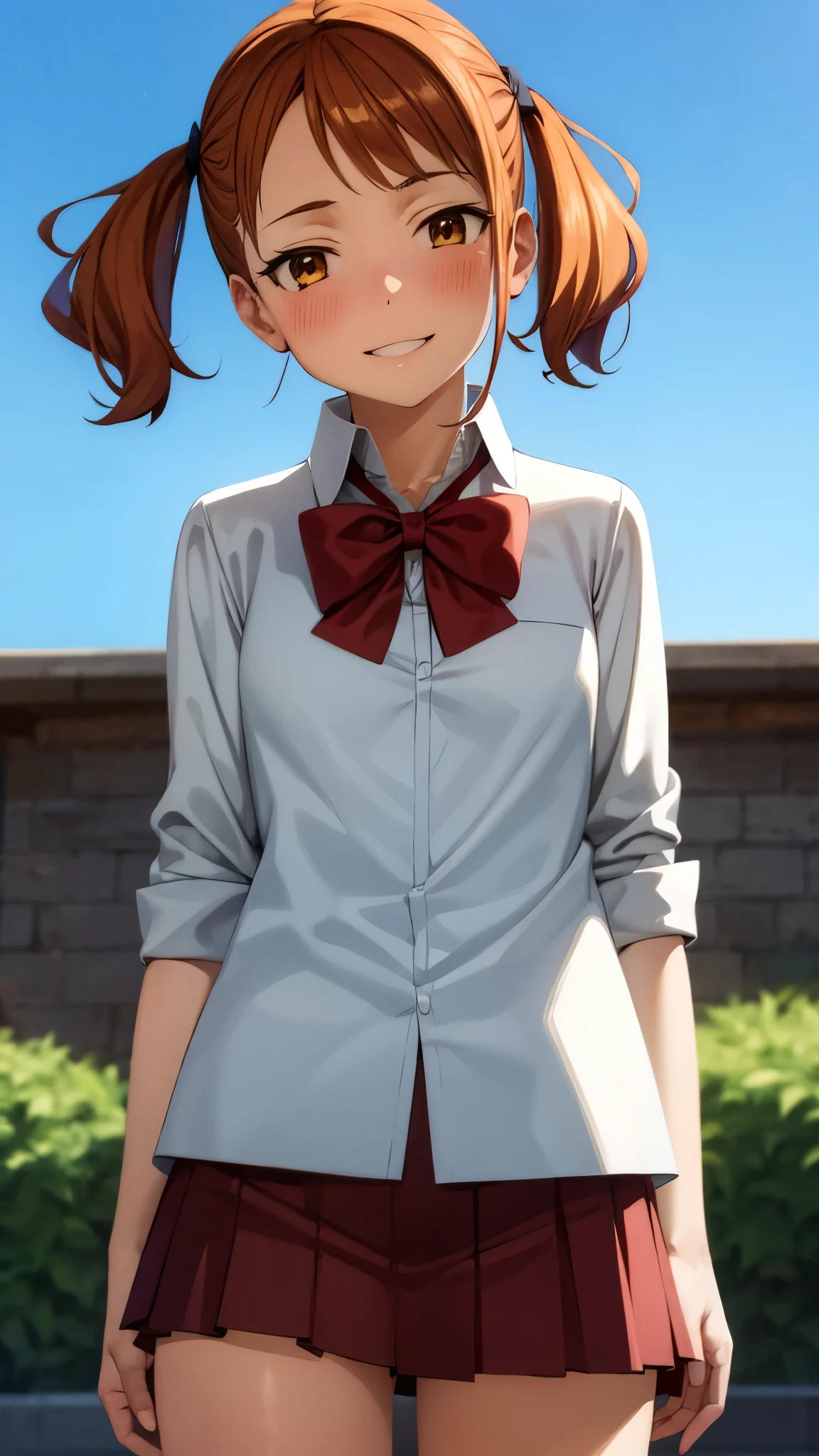 ( Super high quality, super high definition,16k,super masterpiece,Ultra HD ,Detailed shading and background,) shot from below ,Sexy high school girl,Orange hair with twin tails,Yellow hair clip,white shirt with folded sleeves, red bow tie, red mini skirt ,smile,blush,blue sky and sun visible background ,