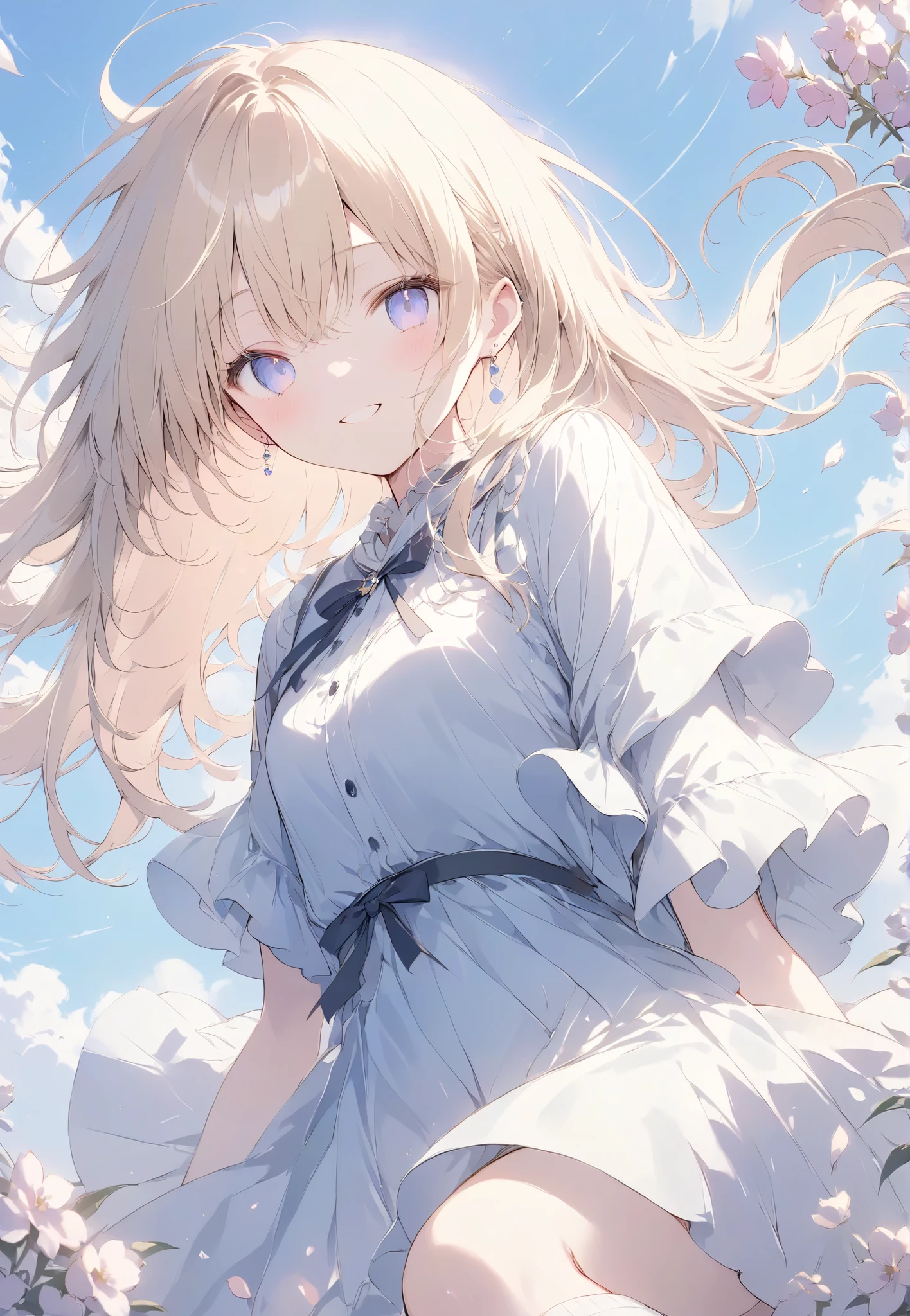 Masterpiece,   High Quality  ,   high resolution, 16k,    Makoto Shinkai's illustrations  ,  detailed background , High sensitivity、depth、 One  girl、 Flashy Blonde  ,   long hair,   earrings,  white skin、  long eyelashes ,   beautiful eyes,  smile,  small breasts,  pink dress、  Knee High Socks  ,  whole body,   cinematic angles , Flower Field、 wind、 cinematic angles 