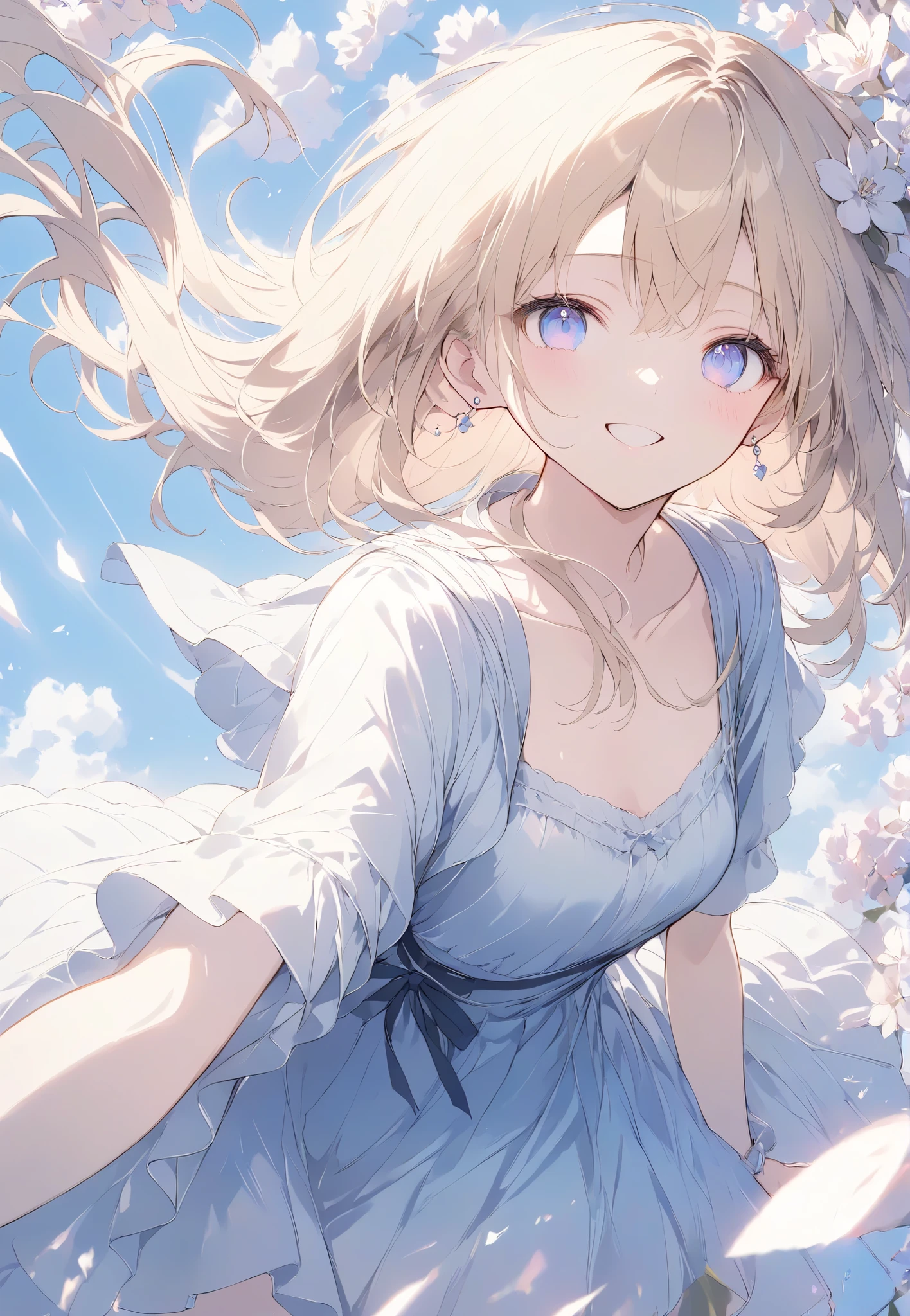 Masterpiece, High Quality , high resolution, 16k, Makoto Shinkai's illustrations , detailed background , High sensitivity、depth、 One girl、 Flashy Blonde , long hair, earrings, white skin、 long eyelashes , beautiful eyes, smile, small breasts, pink dress、 Knee High Socks , whole body, cinematic angles , Flower Field、 wind、 cinematic angles
