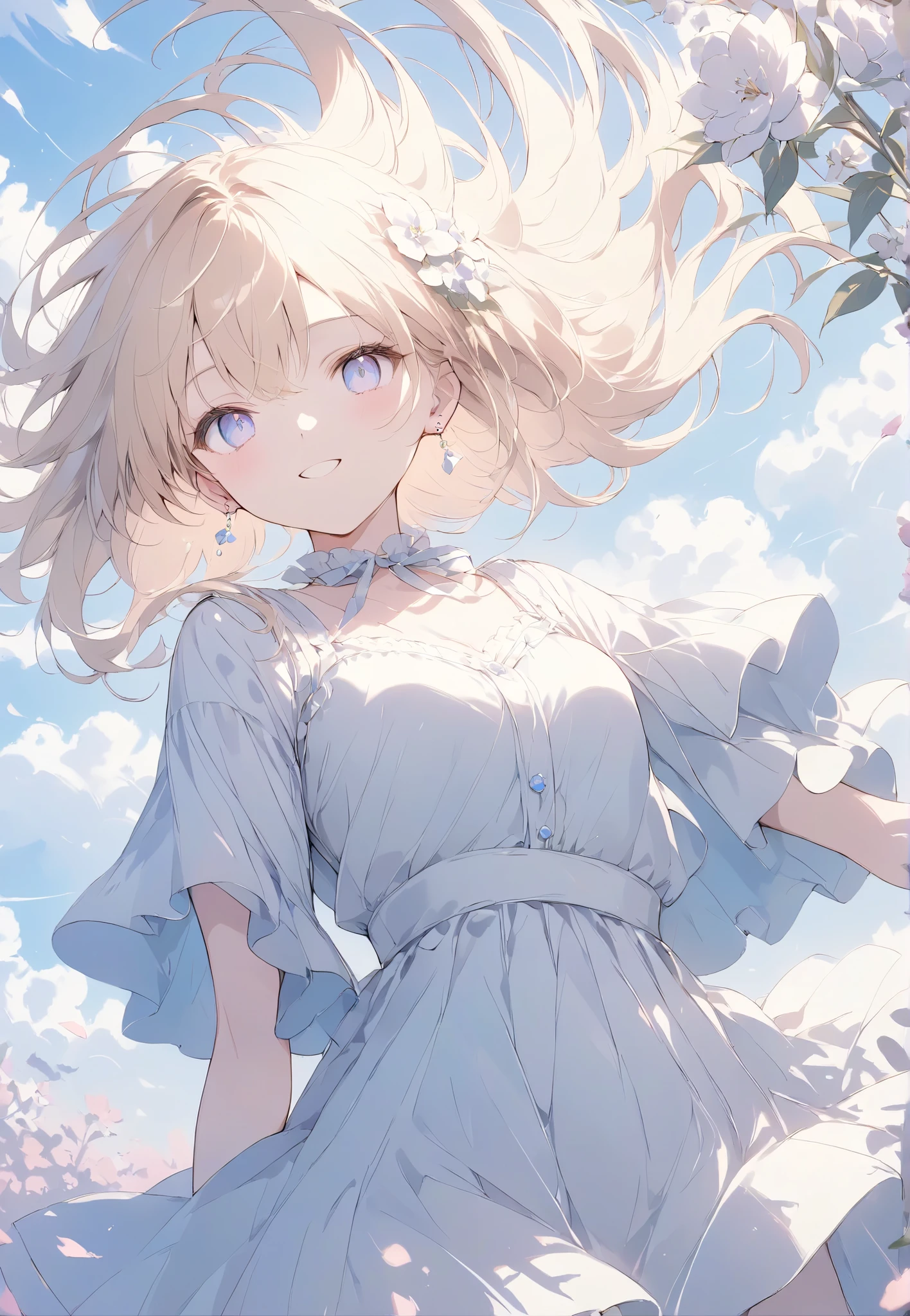 Masterpiece,   High Quality  ,   high resolution, 16k,    Makoto Shinkai's illustrations  ,  detailed background , High sensitivity、depth、 One  girl、 Flashy Blonde  ,   long hair,   earrings,  white skin、  long eyelashes ,   beautiful eyes,  smile,  small breasts,  pink dress、  Knee High Socks  ,  whole body,   cinematic angles , Flower Field、 wind、 cinematic angles 