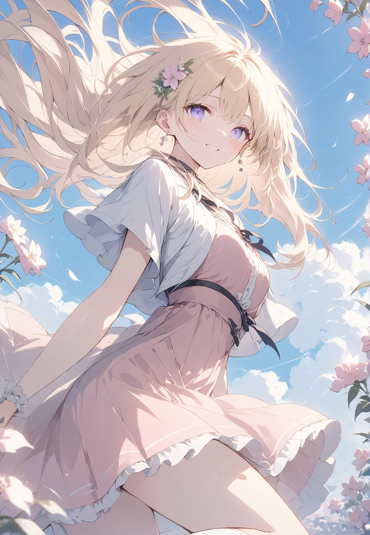 Masterpiece, High Quality , high resolution, 16k, Makoto Shinkai's illustrations , detailed background , High sensitivity、depth、 One girl、 Flashy Blonde , long hair, earrings, white skin、 long eyelashes , beautiful eyes, smile, small breasts, pink dress、 Knee High Socks , whole body, cinematic angles , Flower Field、 wind、 cinematic angles