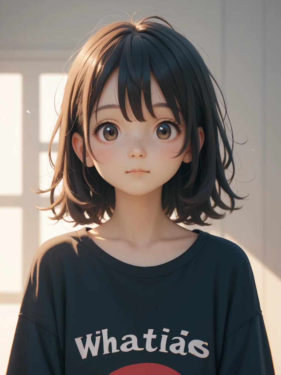 (超A high resolution、Photorealsitic、realisitic、top-quality、Photorealsitic)、(8K、Raw foto、top-quality、masterpiece)、(photon maping、physically-based renderingt、auto white balance)、Technical sense、top-quality、masterpiece、illustratio、nffsw、Unity、wall-paper、Official art、astonishing、finely detail、extremely delicate and beautiful、ighly detailed、foco nítido、Rich background、blurry backround、(realperson、a picture)、(((High Detail Skin、Visible Pore)))、(((facial close-up))) (Cute little girl s、sixteen years old、High school students、Loose black t-shirt、A dark-haired、Bob Hair)、(((astonished face、glad)))