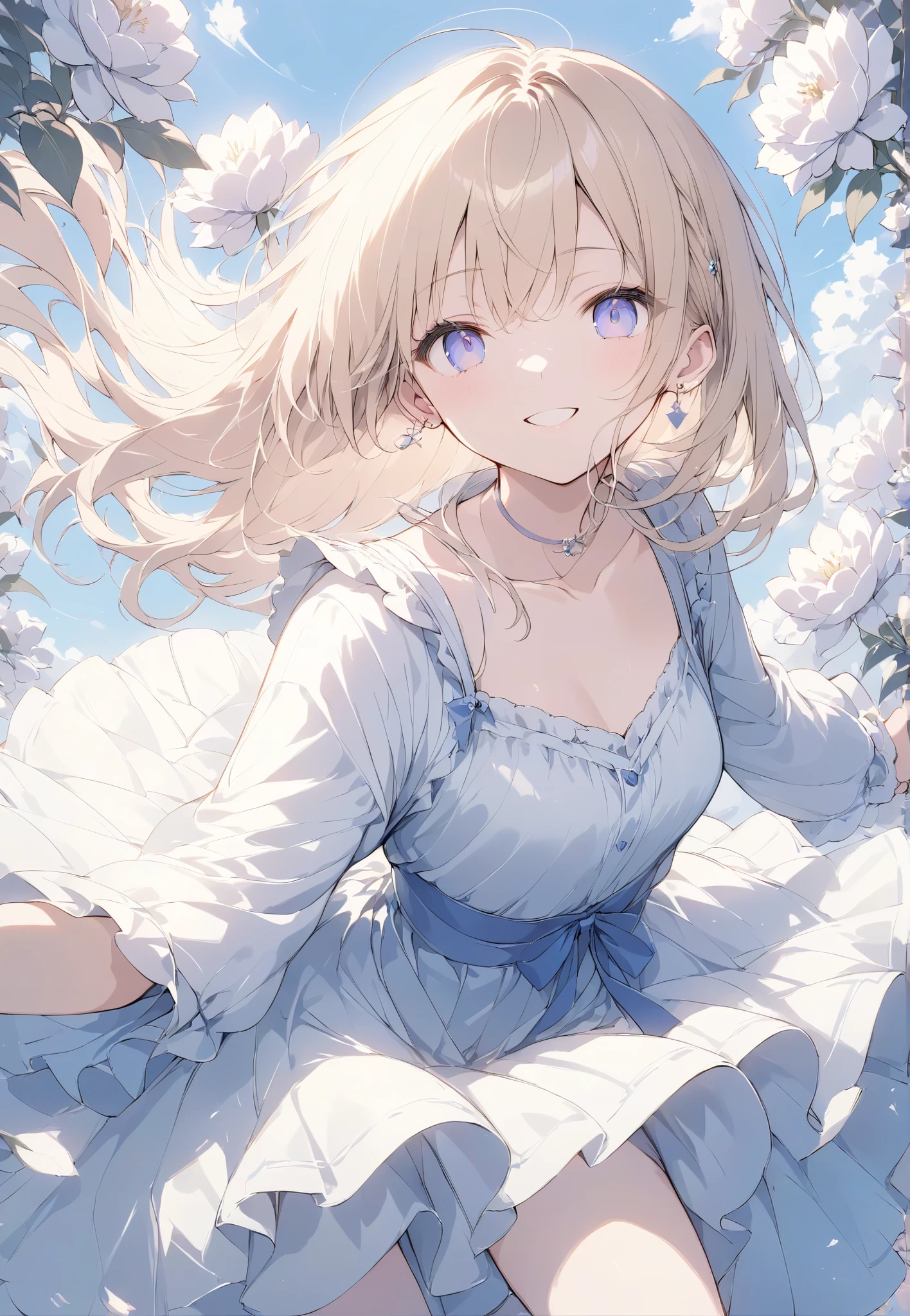 (masterpiece, detailed:1.2)、Masterpiece, High Quality , high resolution, 16k, Makoto Shinkai's illustrations , detailed background , High sensitivity、depth、 One girl、 Flashy Blonde , long hair, earrings, white skin、 long eyelashes , beautiful eyes, smile, small breasts, pink dress、 Knee High Socks , whole body, cinematic angles , Flower Field、 wind、 cinematic angles