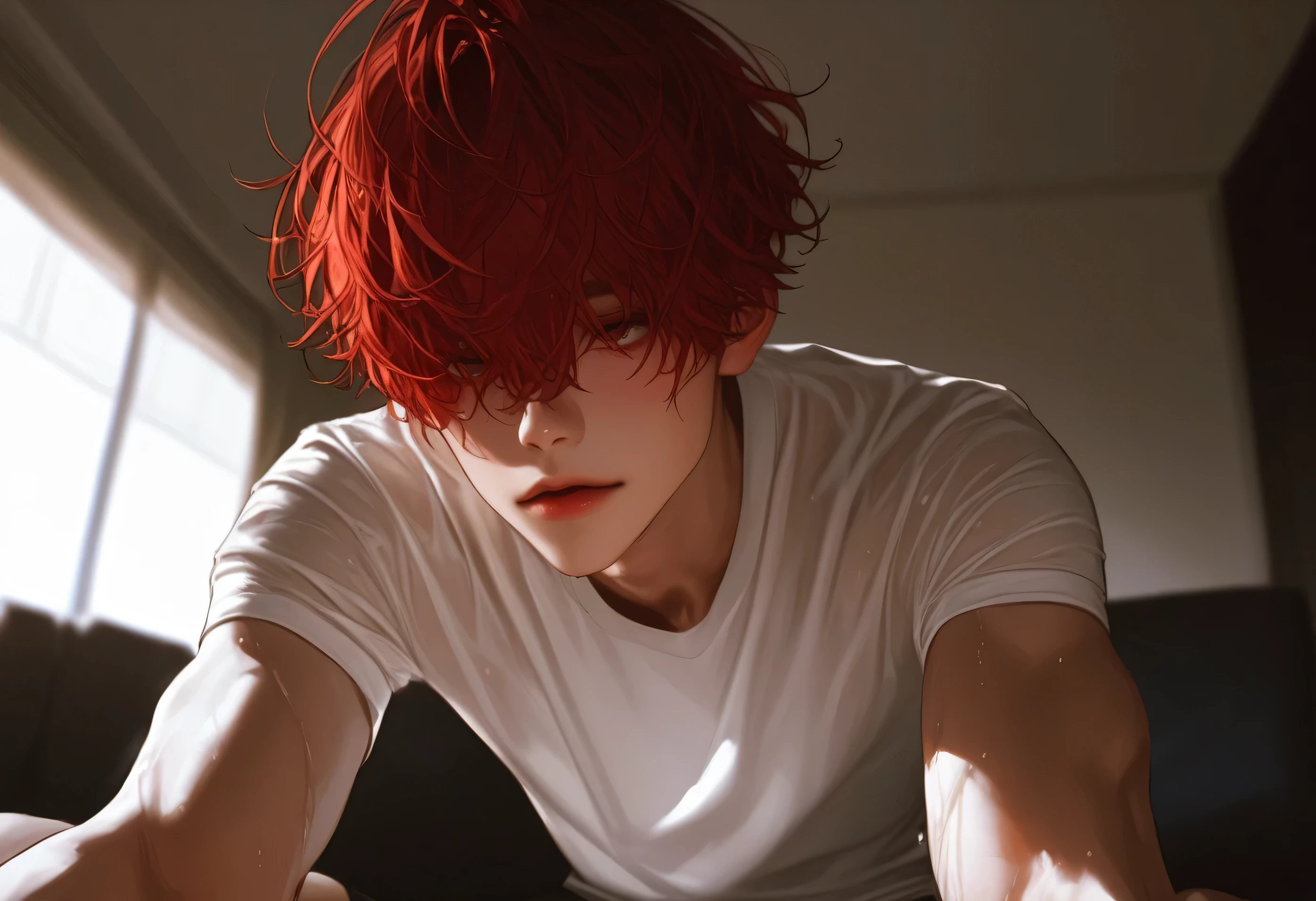 in bad shape, dark red hair, from the room ,On the bed,fitness, sit-up position on a chair sofa,Head perspective ,look up, Korean comic style , young and energetic, Good condition ,Very handsome脸瓜子脸,White T-shirt, White Skin, Wet Hairstyle , charming eyes , Very handsome