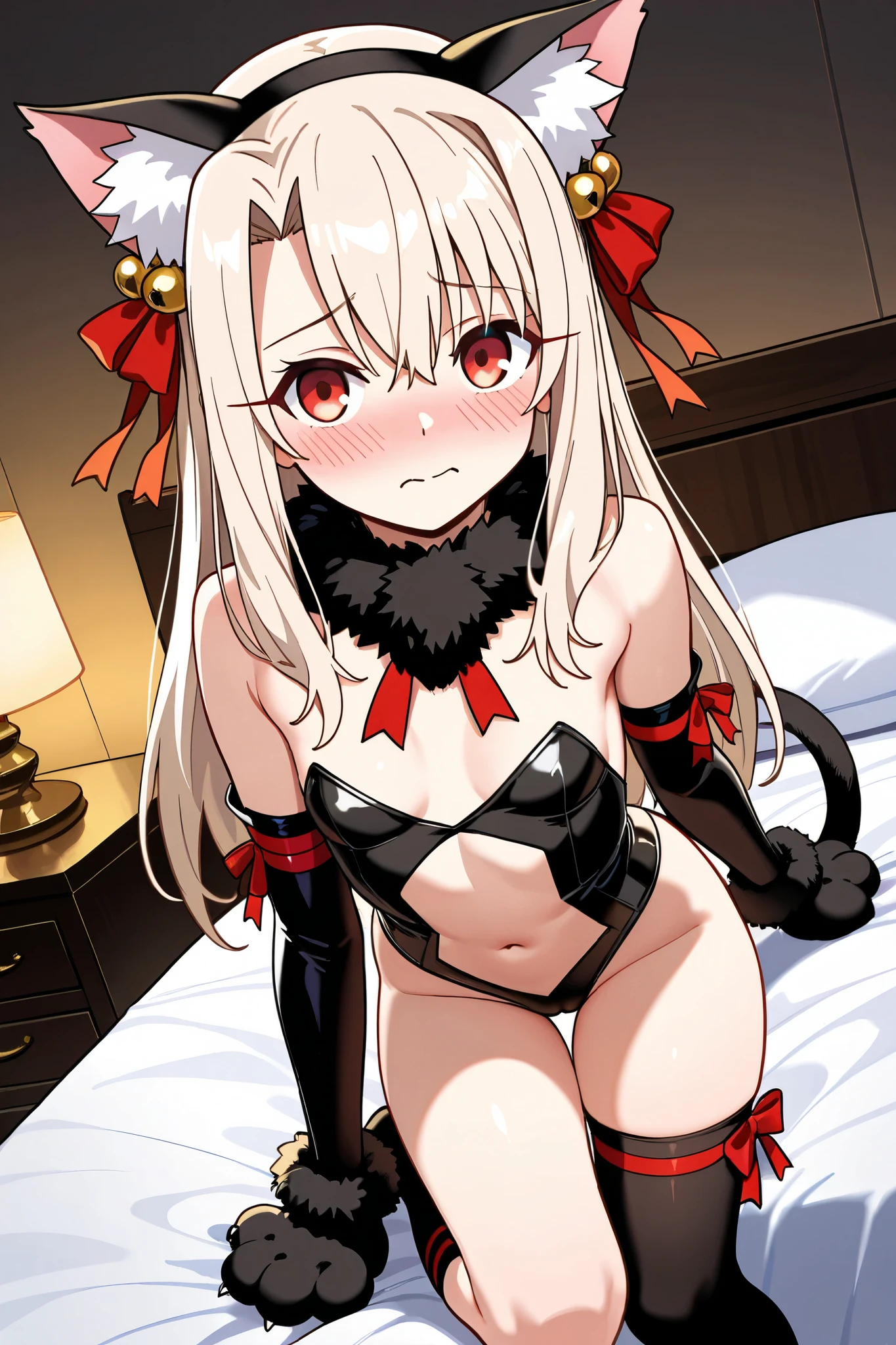 young girl,short,blonde long hair,slanted eyes,vampire,crimson eyes,tooth,red,naked,flat chest,nipple,cute,confident look,Pussy,garter belt,spread legs,spread pussy,1boy,penis,sex