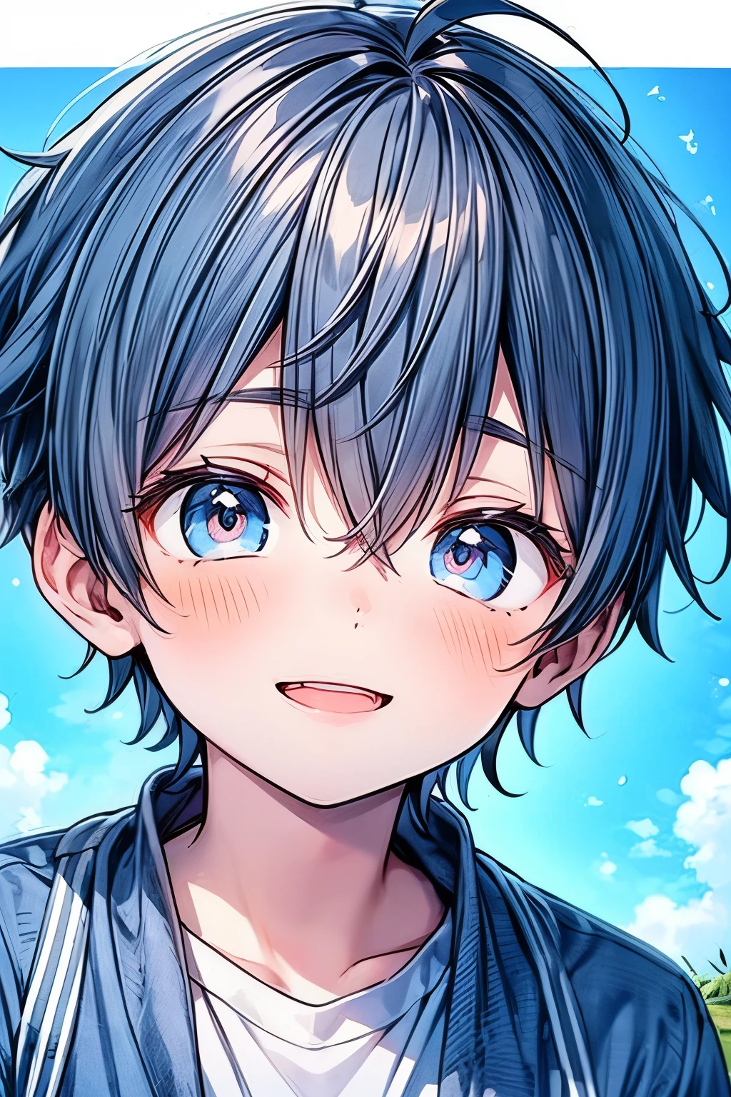 (1boy) 1boy, cute, short hair, Emerald big eyes, happy smile, close-up, complex perspective