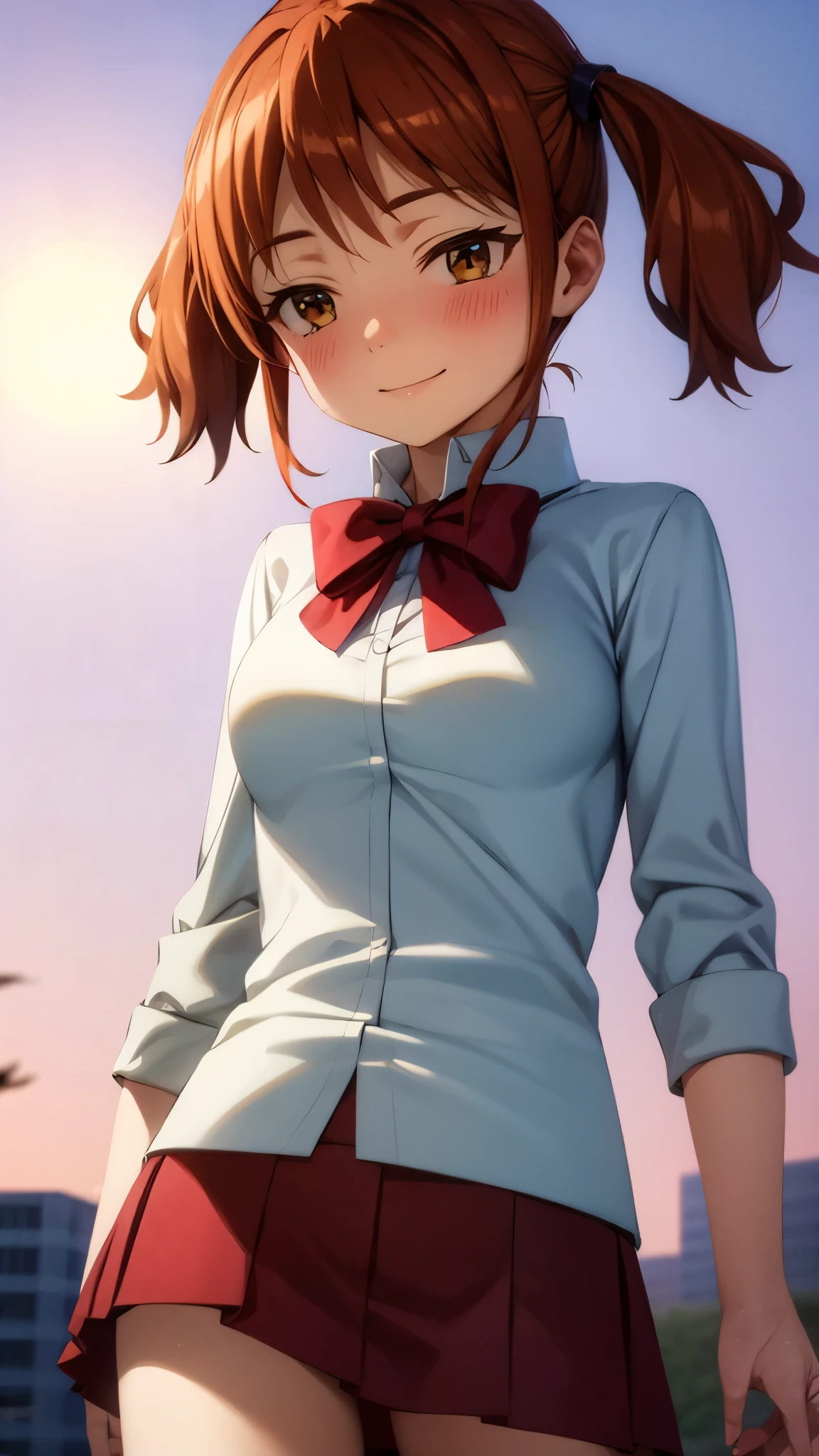 ( Super high quality, super high definition,16k,super masterpiece,Ultra HD ,Detailed shading and background,) shot from below ,Sexy high school girl,Orange hair with twin tails,Yellow hair clip,white shirt with folded sleeves, red bow tie, red mini skirt ,smile,blush,blue sky and sun visible background ,