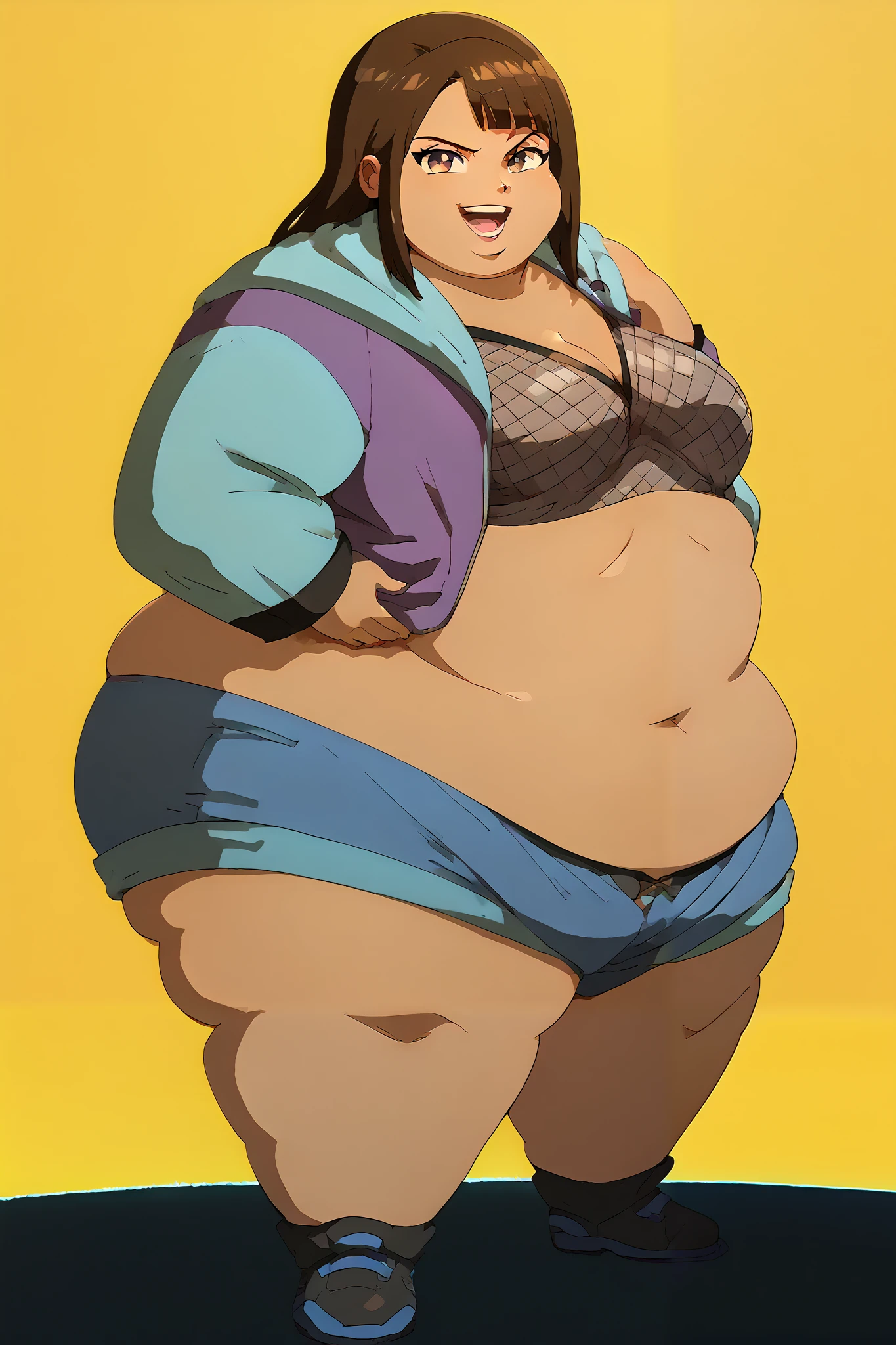 masterpiece, best quality, score_9, score_8_up, score_7_up, source_anime, full body, 1girl, Asian, brown skin, midriff, smug, smile, detached sleeves, cleavage, fishnet top, short shorts, open hoodie, sunset

