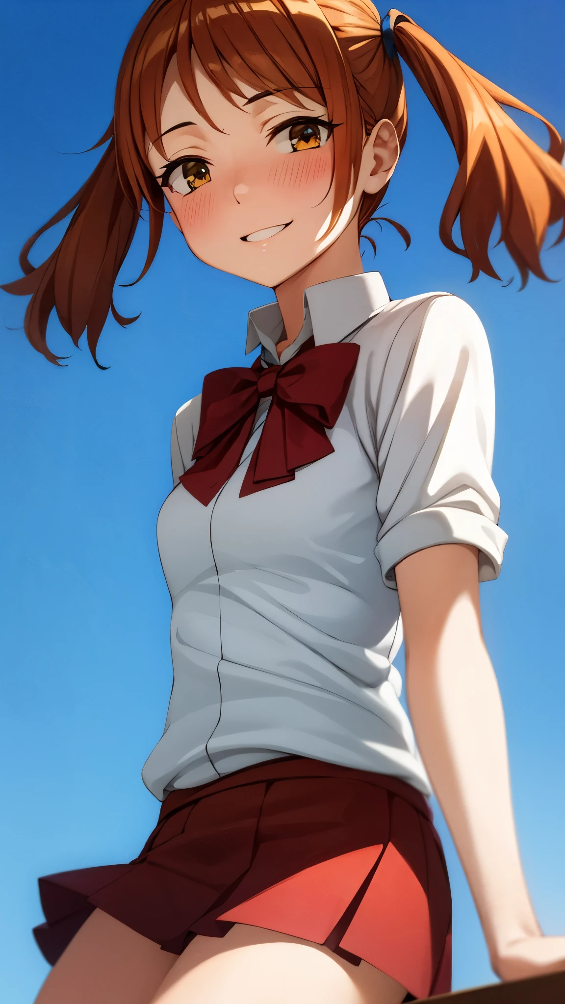 ( Super high quality, super high definition,16k,super masterpiece,Ultra HD ,Detailed shading and background,) shot from below ,Sexy high school girl,Orange hair with twin tails,Yellow hair clip,white shirt with folded sleeves, red bow tie, red mini skirt ,smile,blush,blue sky and sun visible background ,