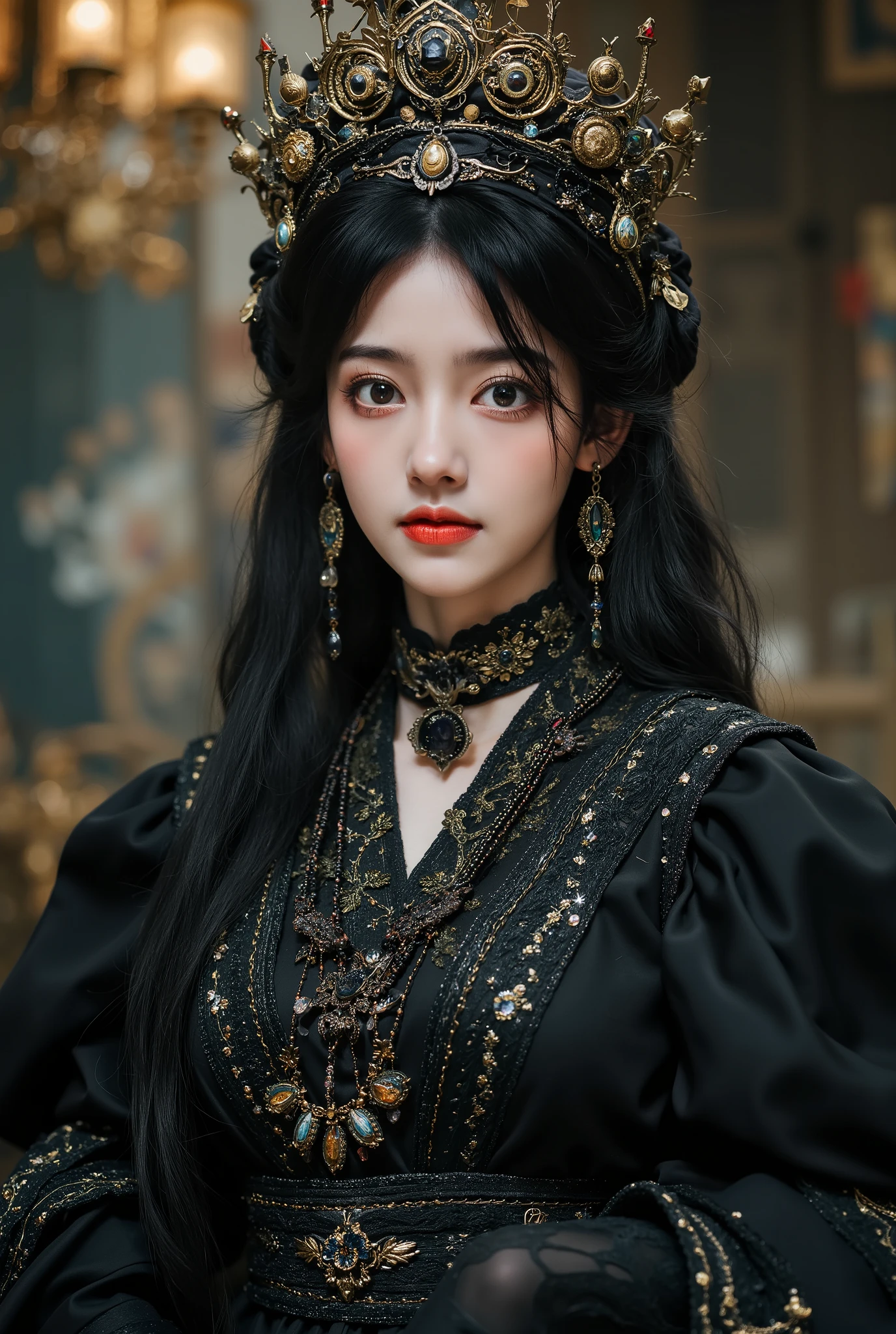 A girl in a gothic costume,Standing indoors , Exquisite clothing , wearing a crown on his head , close up,“YUE FLUX” in capital letters at the top