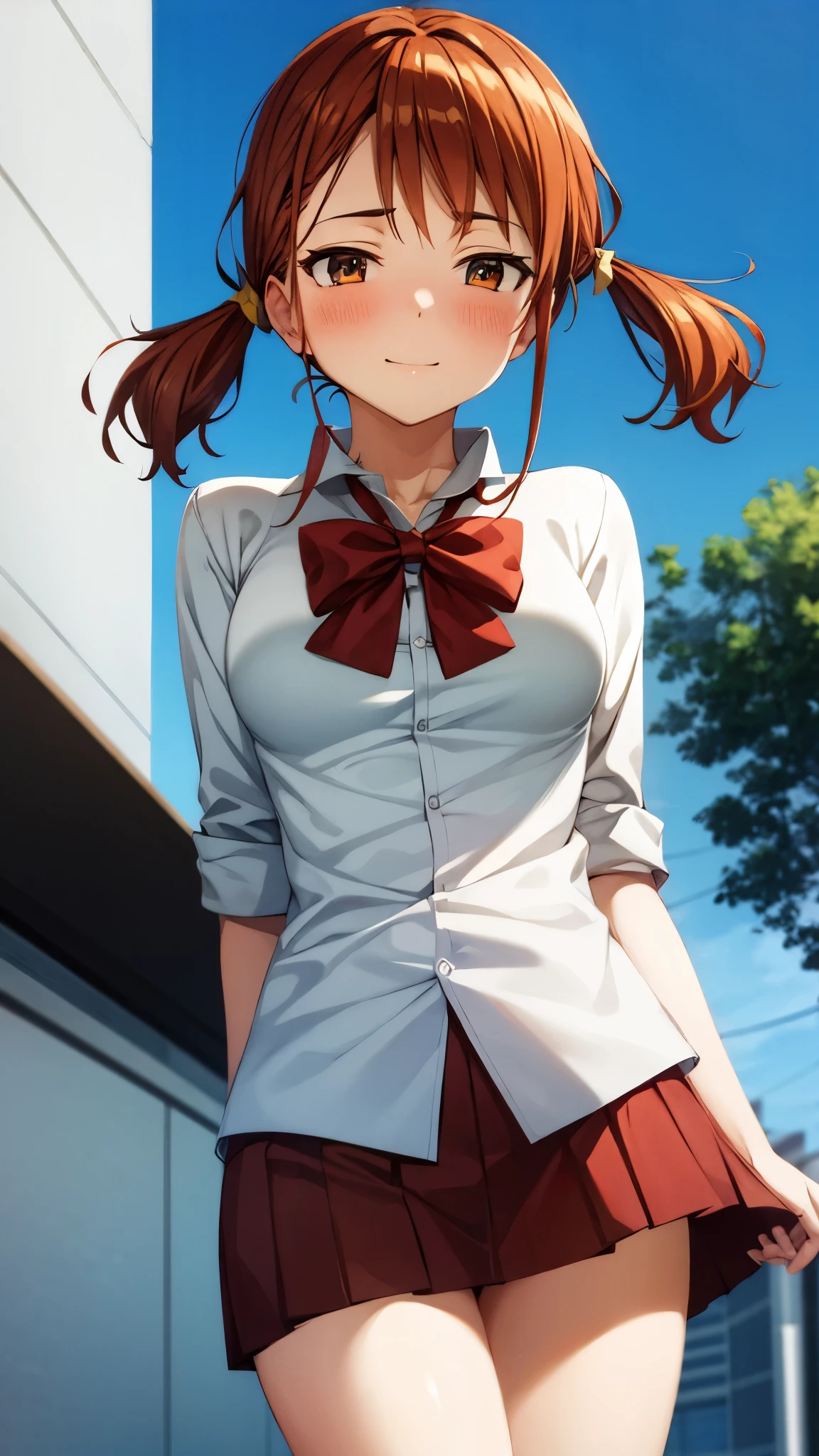 （ Super high quality, super high definition,16k,super masterpiece,Ultra HD ,Detailed shading and background,） shot from below ,Sexy high school girl,Orange hair with twin tails,Yellow hair clip,white shirt with folded sleeves, red bow tie, red mini skirt ,smile,blush,blue sky and sun visible background ,