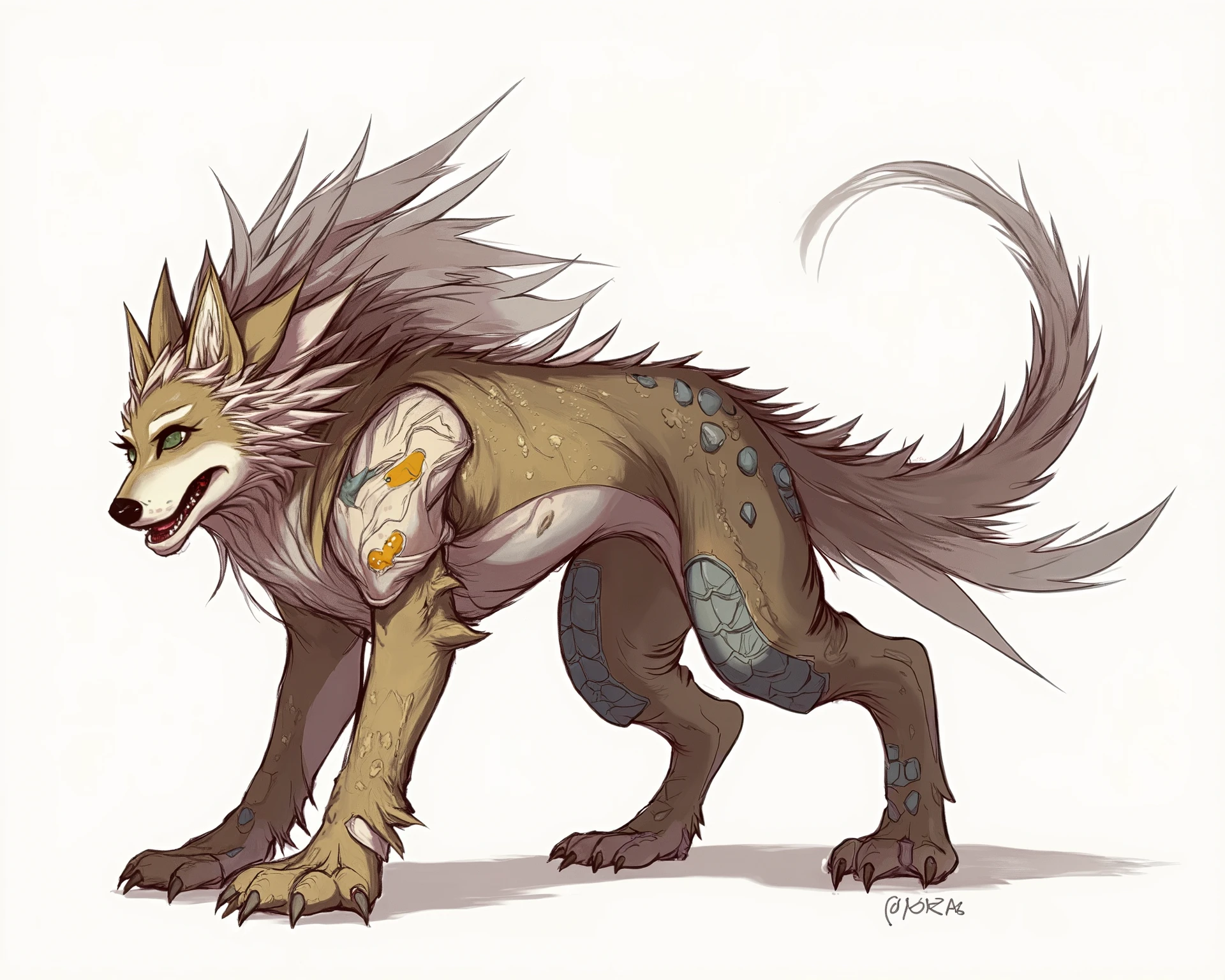 figure of a wolf hybrid dragon from the front, from the sides, from the back