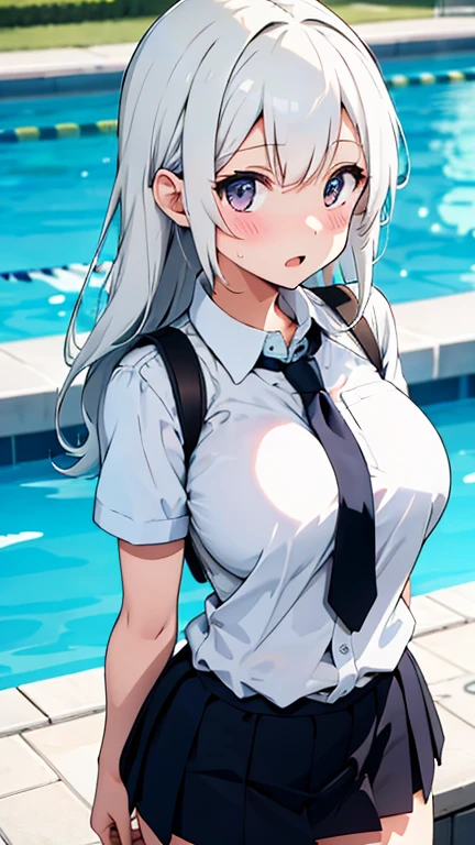 White color blouse，mideum breasts，Sweating all over，Clothes are soaked，is shy，Kneel in the pool，shiver